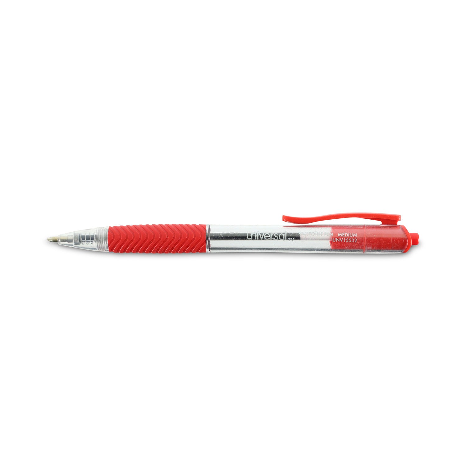 Universal™ Comfort Grip Ballpoint Pen, Retractable, Medium 1 mm, Red Ink, Clear/Red Barrel, Dozen