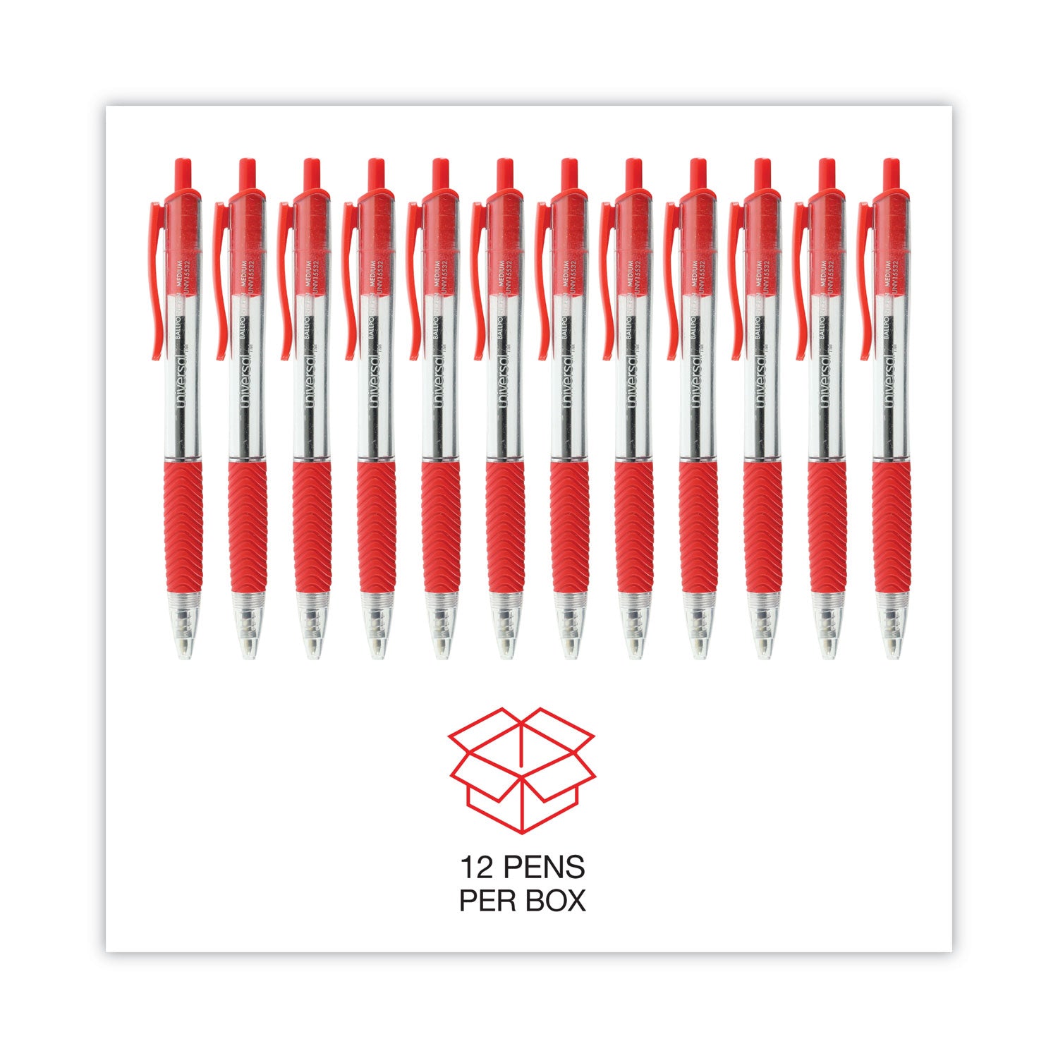 Universal™ Comfort Grip Ballpoint Pen, Retractable, Medium 1 mm, Red Ink, Clear/Red Barrel, Dozen