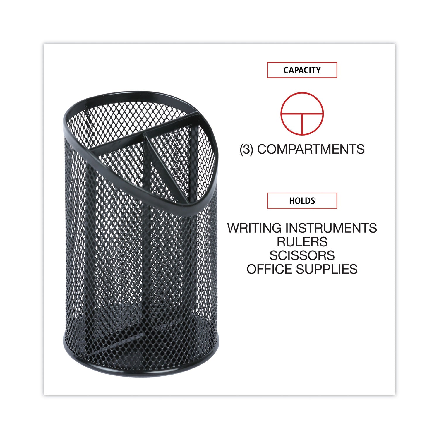 Universal® Metal Mesh 3-Compartment Pencil Cup, 4.13" Diameter x 6"h, Black