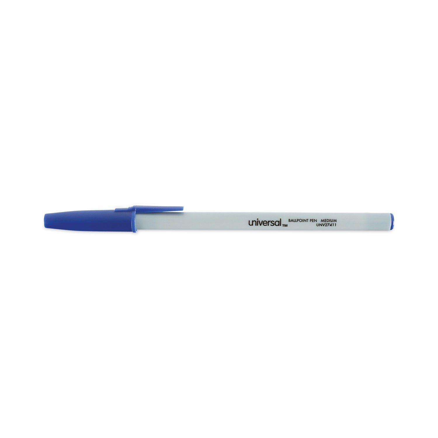 Universal™ Ballpoint Pen, Stick, Medium 1 mm, Blue Ink, Gray/Blue Barrel, Dozen