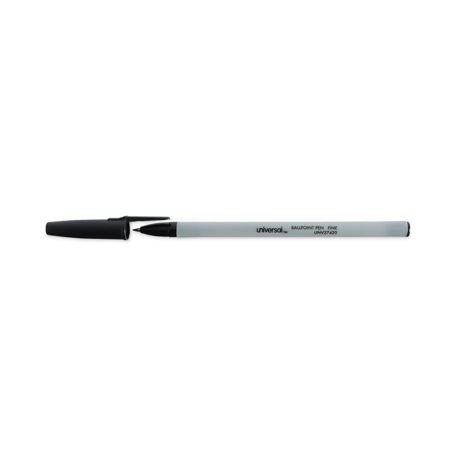 Universal™ Ballpoint Pen, Stick, Fine 0.7 mm, Black Ink, Gray/Black Barrel, Dozen