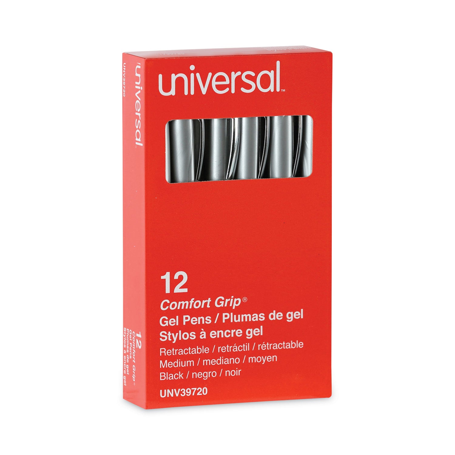 Universal™ Comfort Grip Gel Pen, Retractable, Medium 0.7 mm, Black Ink, Gray/Black/Silver Barrel, Dozen