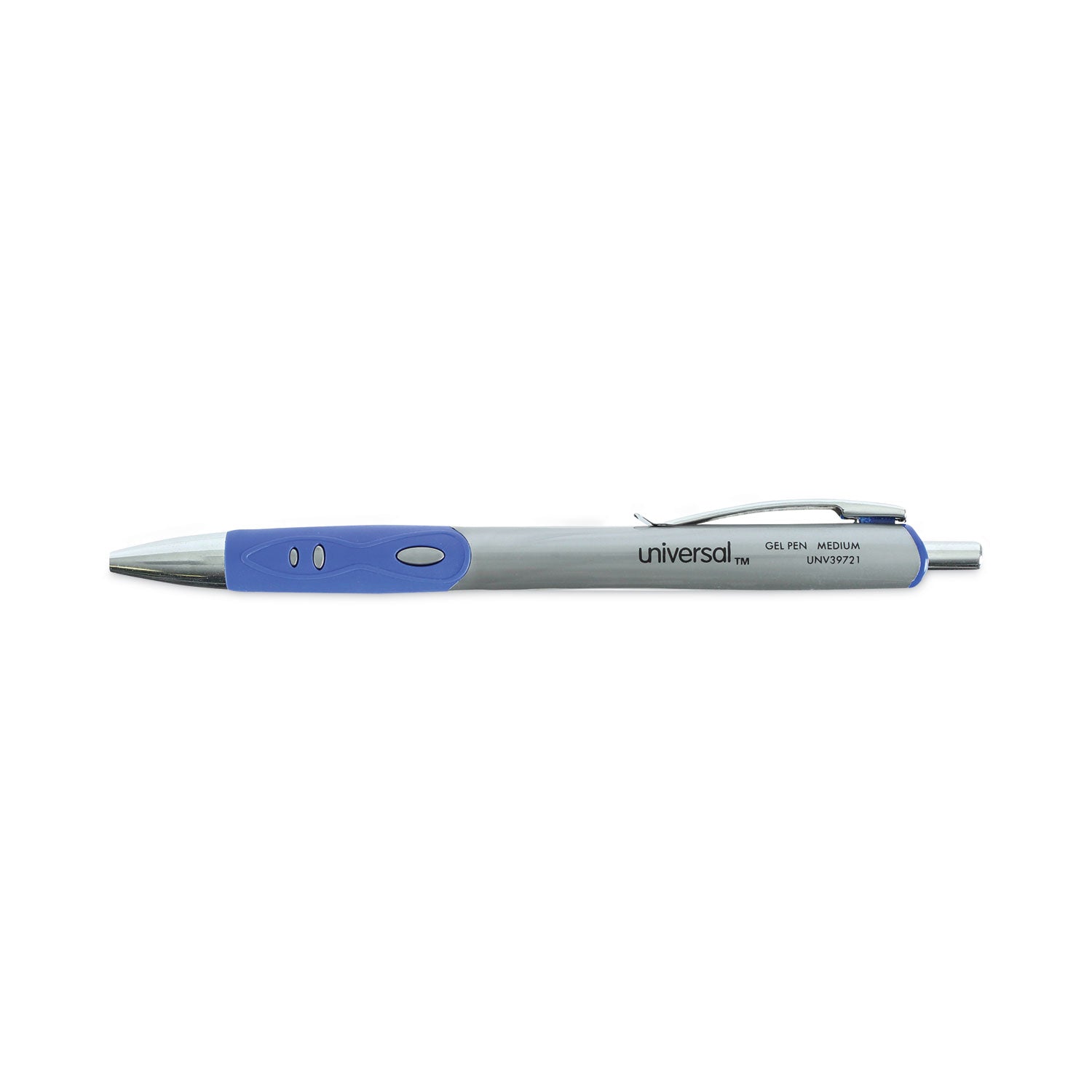 Universal™ Comfort Grip Gel Pen, Retractable, Medium 0.7 mm, Blue Ink, Gray/Blue/Silver Barrel, Dozen