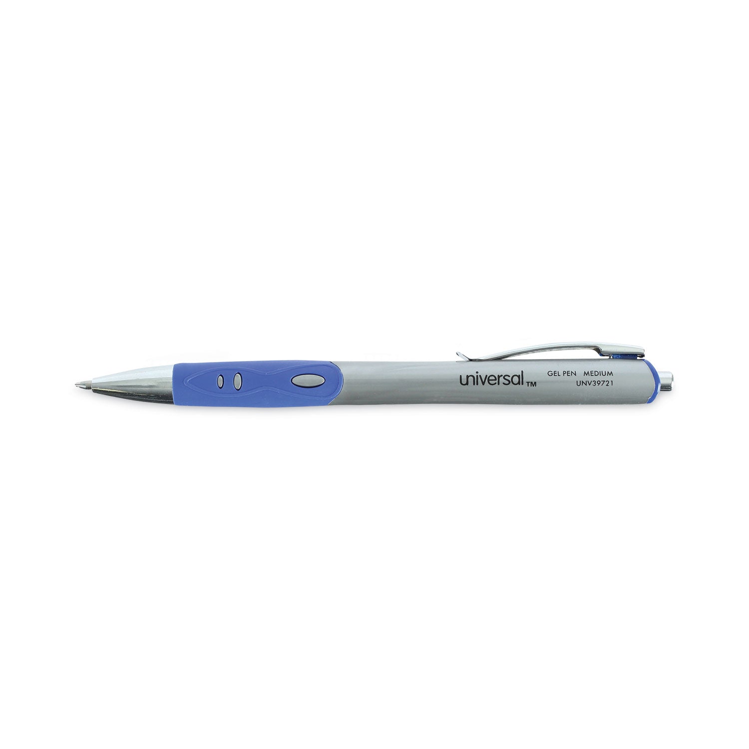 Universal™ Comfort Grip Gel Pen, Retractable, Medium 0.7 mm, Blue Ink, Gray/Blue/Silver Barrel, Dozen