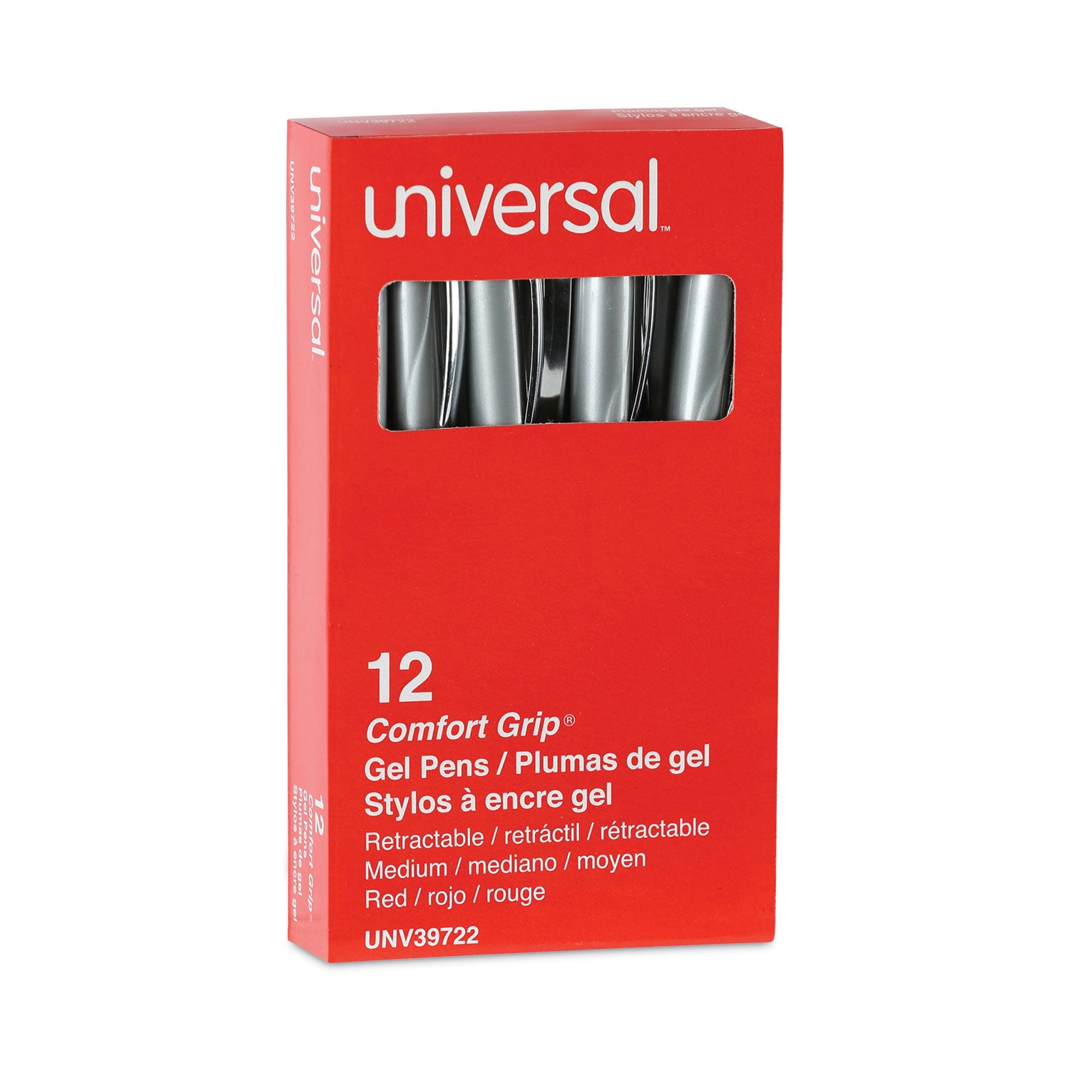 Universal™ Comfort Grip Gel Pen, Retractable, Medium 0.7 mm, Red Ink, Gray/Red/Silver Barrel, Dozen