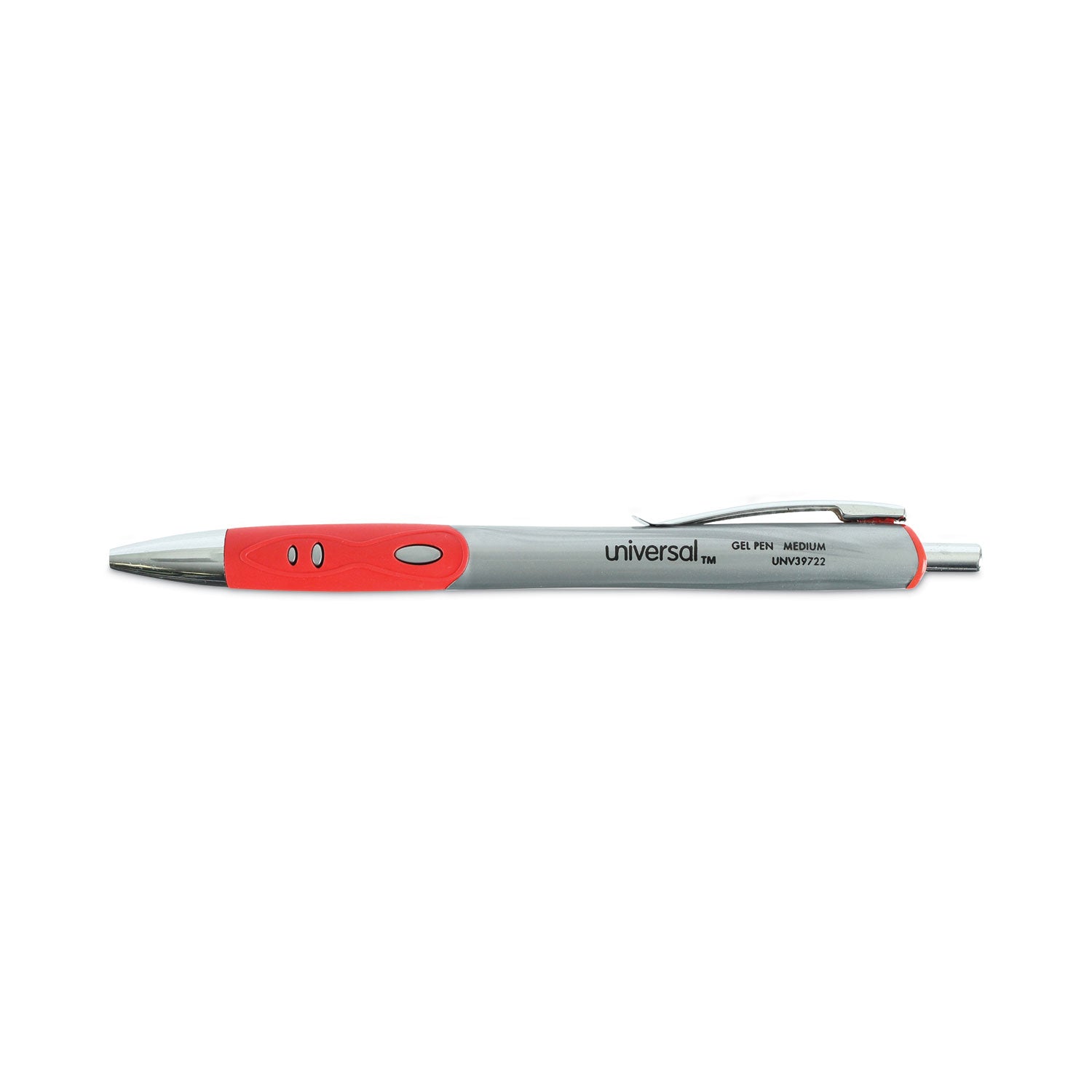 Universal™ Comfort Grip Gel Pen, Retractable, Medium 0.7 mm, Red Ink, Gray/Red/Silver Barrel, Dozen