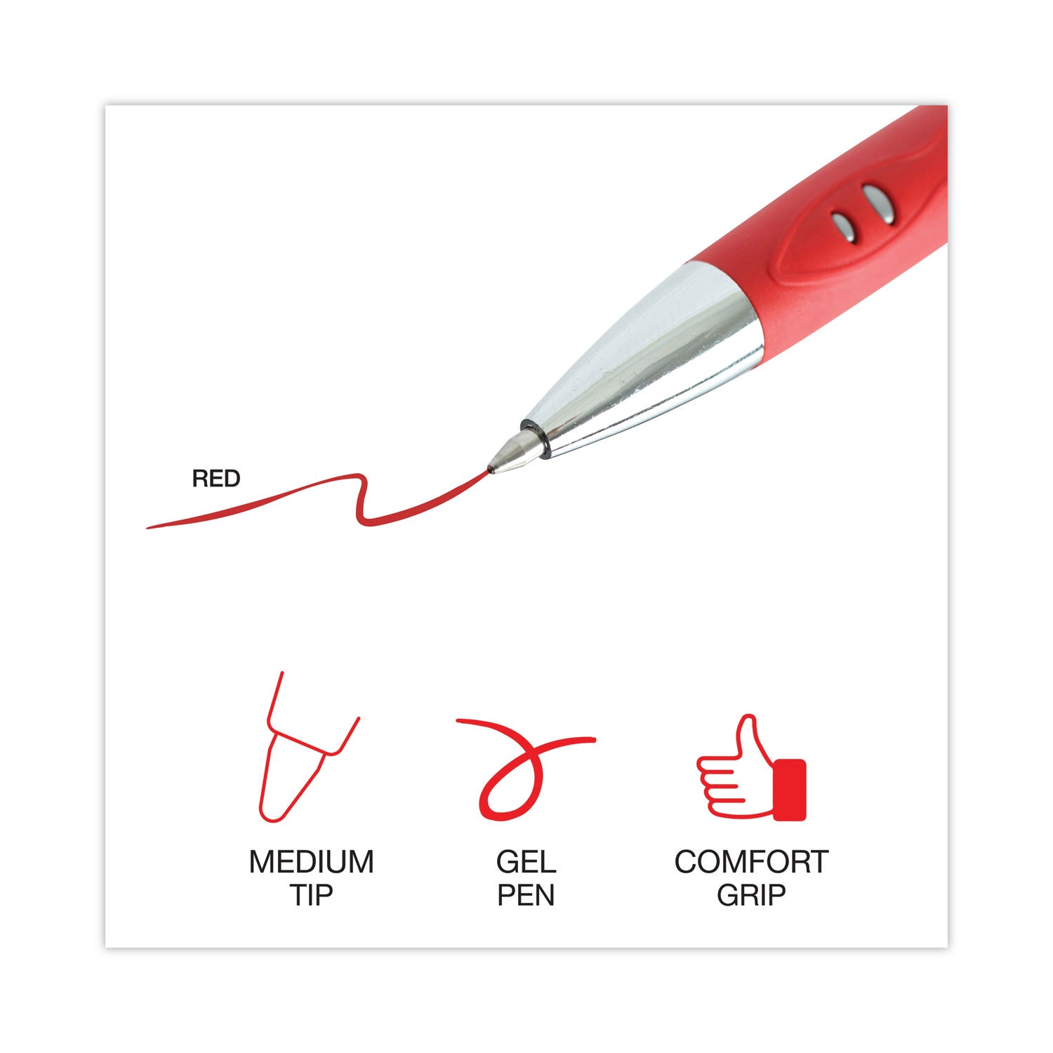 Universal™ Comfort Grip Gel Pen, Retractable, Medium 0.7 mm, Red Ink, Gray/Red/Silver Barrel, Dozen