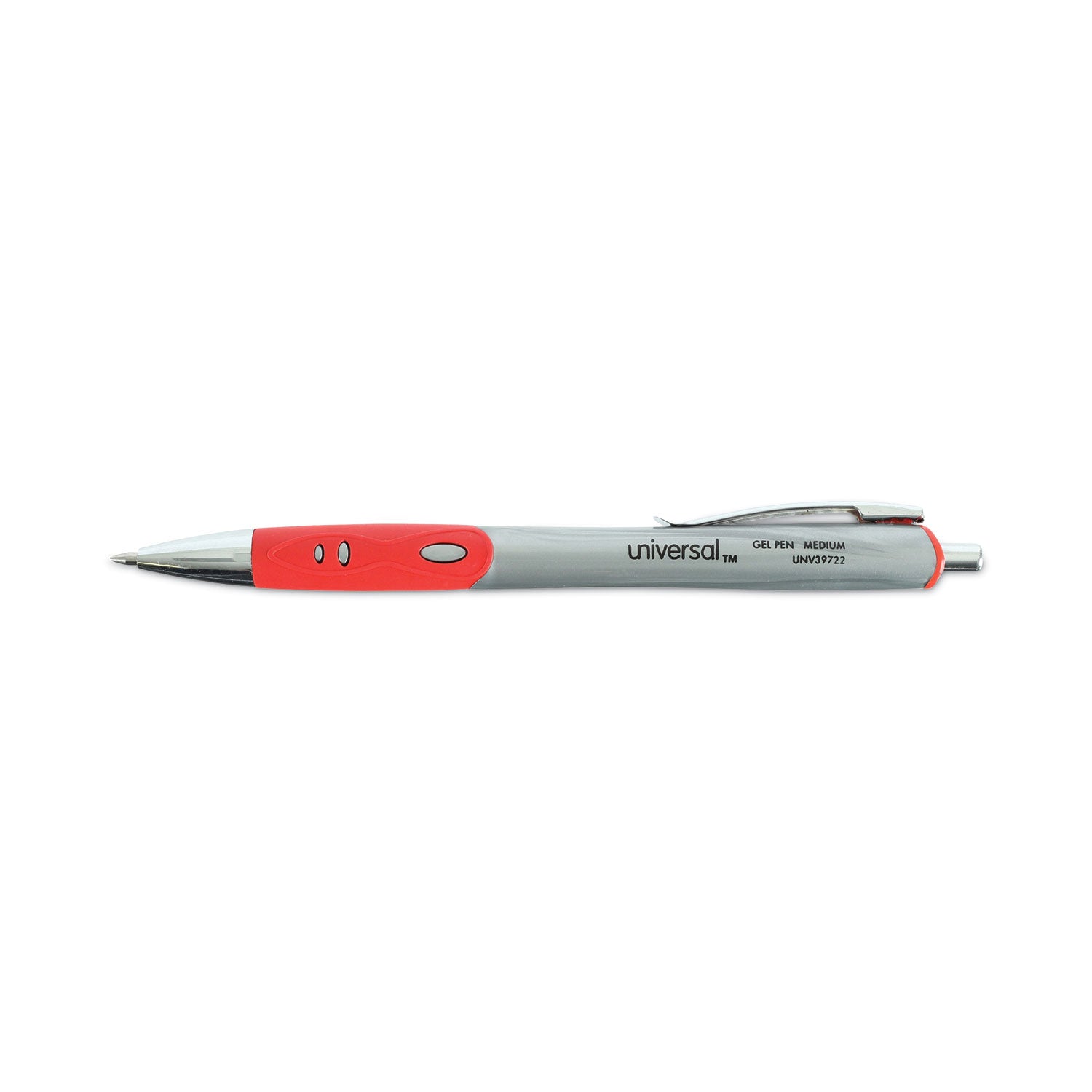 Universal™ Comfort Grip Gel Pen, Retractable, Medium 0.7 mm, Red Ink, Gray/Red/Silver Barrel, Dozen