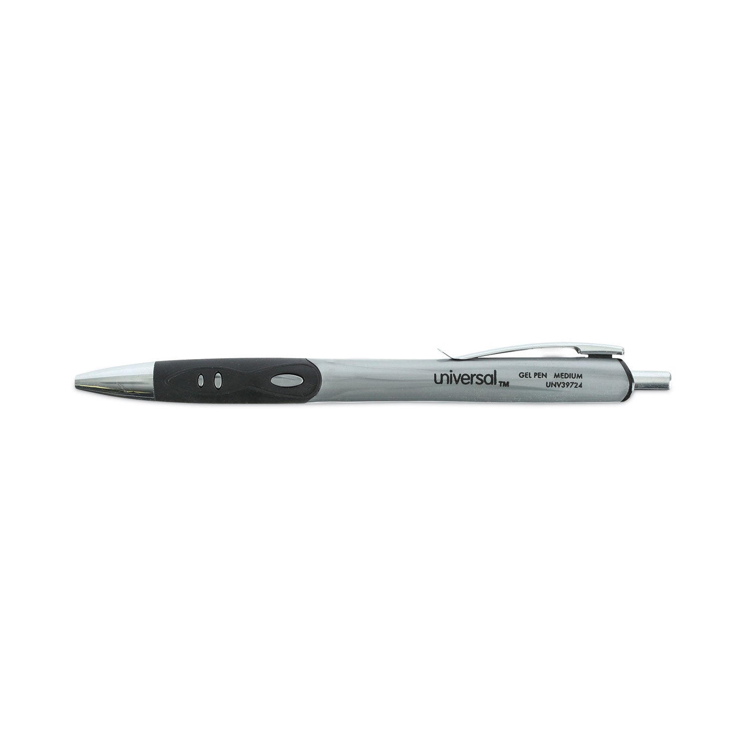 Universal™ Comfort Grip Gel Pen, Retractable, Medium 0.7 mm, Black Ink, Gray/Black/Silver Barrel, 36/Pack