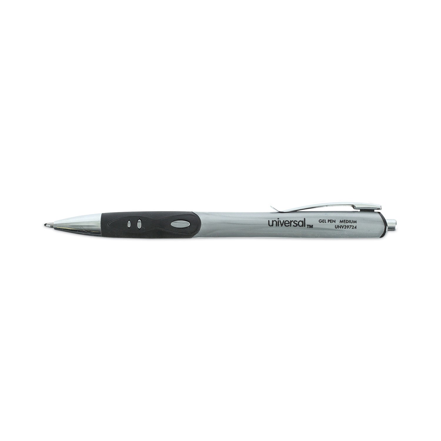 Universal™ Comfort Grip Gel Pen, Retractable, Medium 0.7 mm, Black Ink, Gray/Black/Silver Barrel, 36/Pack