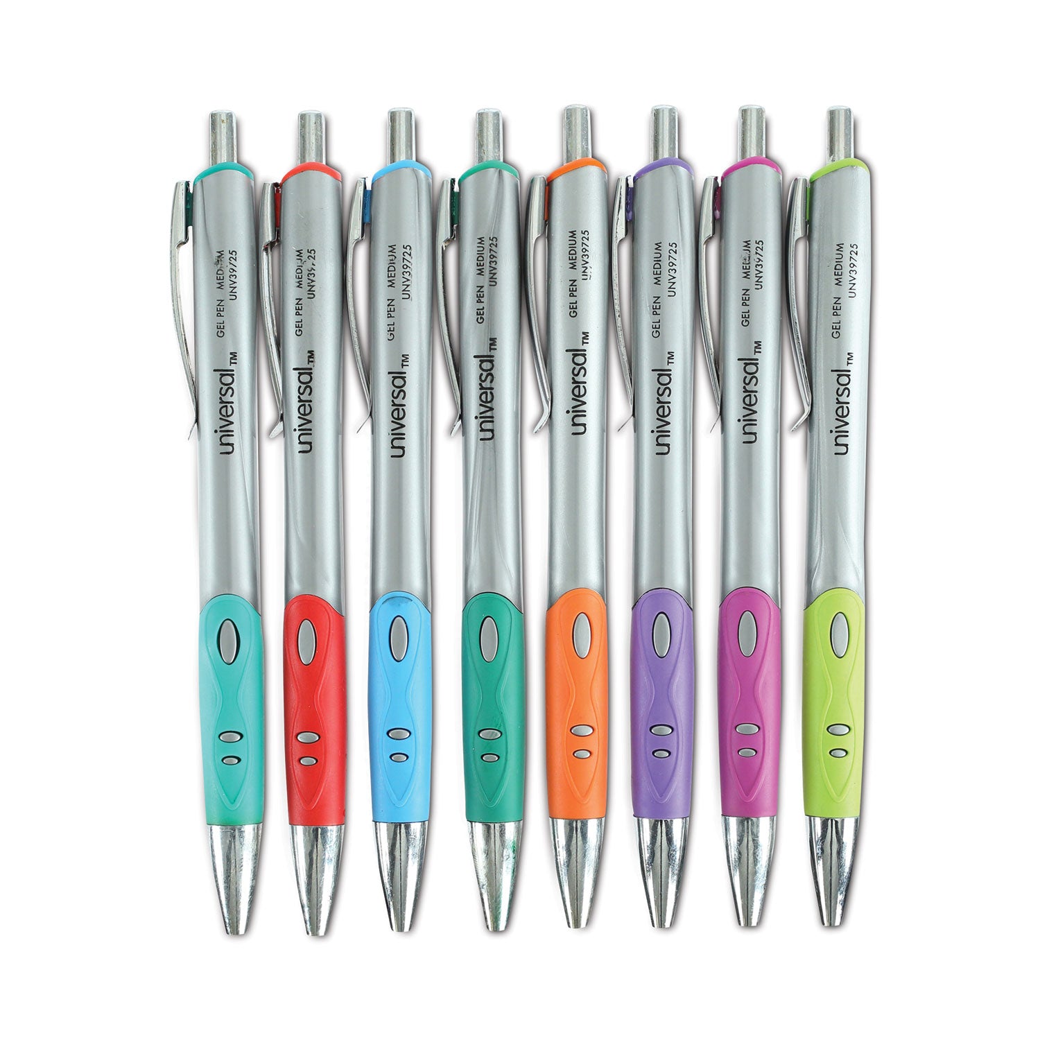 Universal™ Comfort Grip Gel Pen, Retractable, Medium 0.7 mm, Assorted Ink and Barrel Colors, 8/Pack