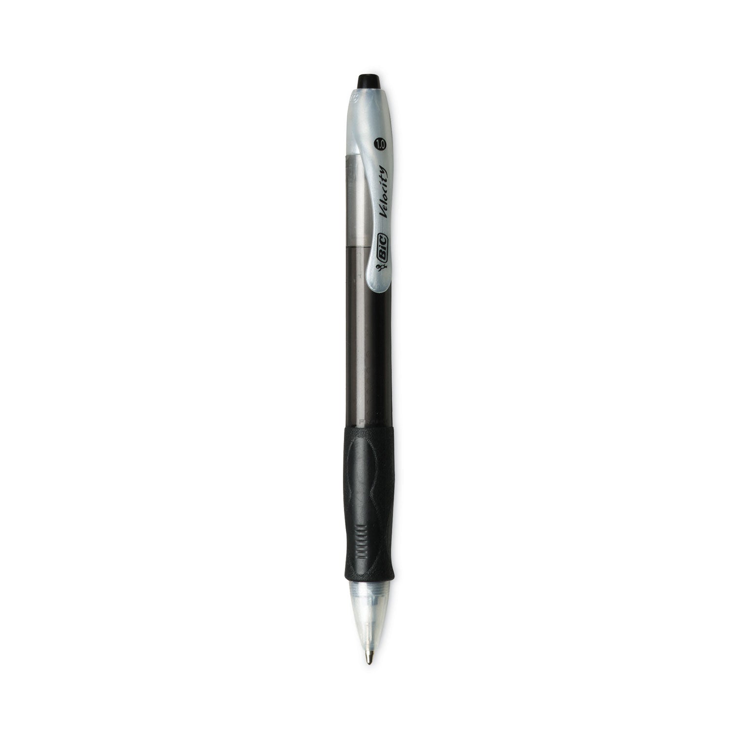 BIC® Velocity Easy Glide Ballpoint Pen, Retractable, Medium 1 mm, Black Ink, Translucent Black Barrel, Dozen