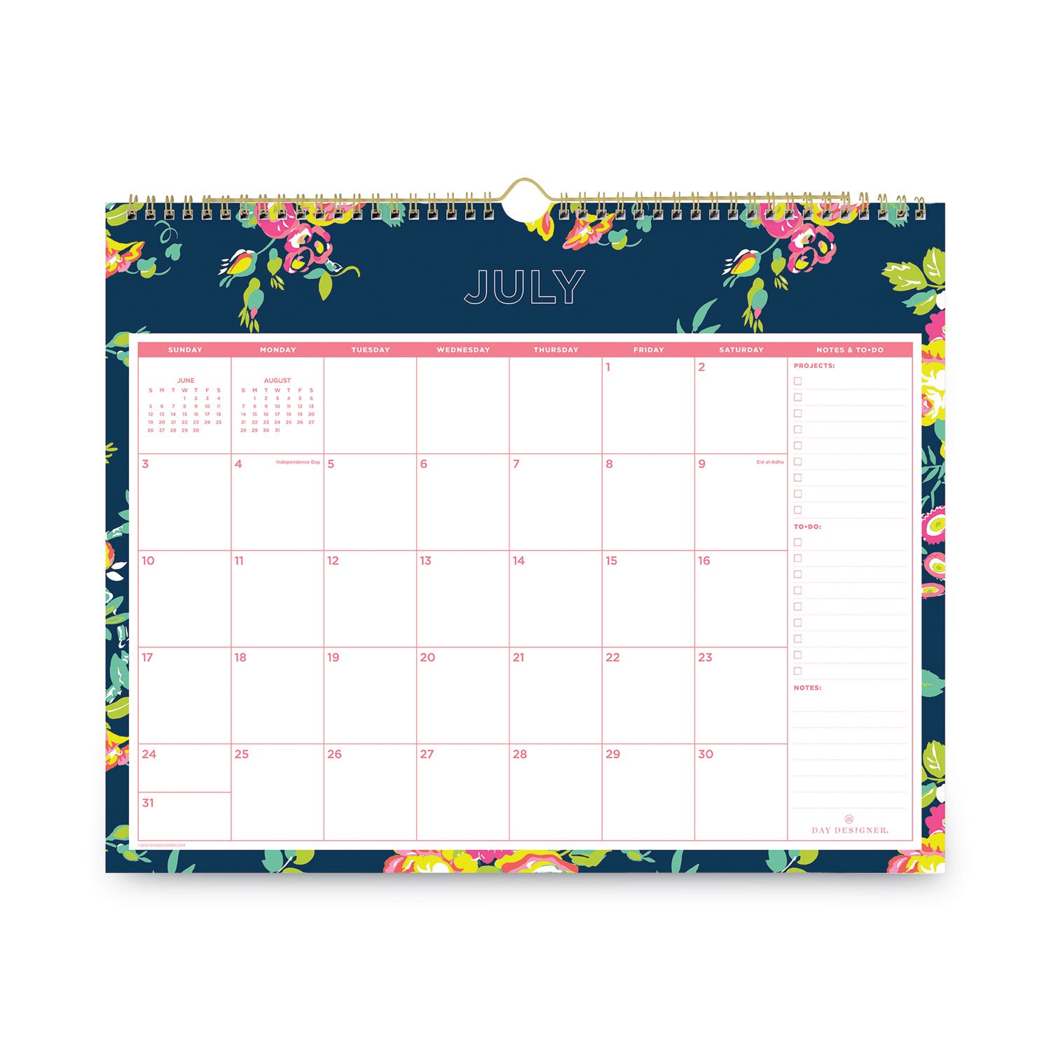 Blue Sky® Day Designer Peyton Academic Wall Calendar, Floral Artwork, 15 x 12, White/Navy Sheets, 12-Month (July to June): 2024 to 2025