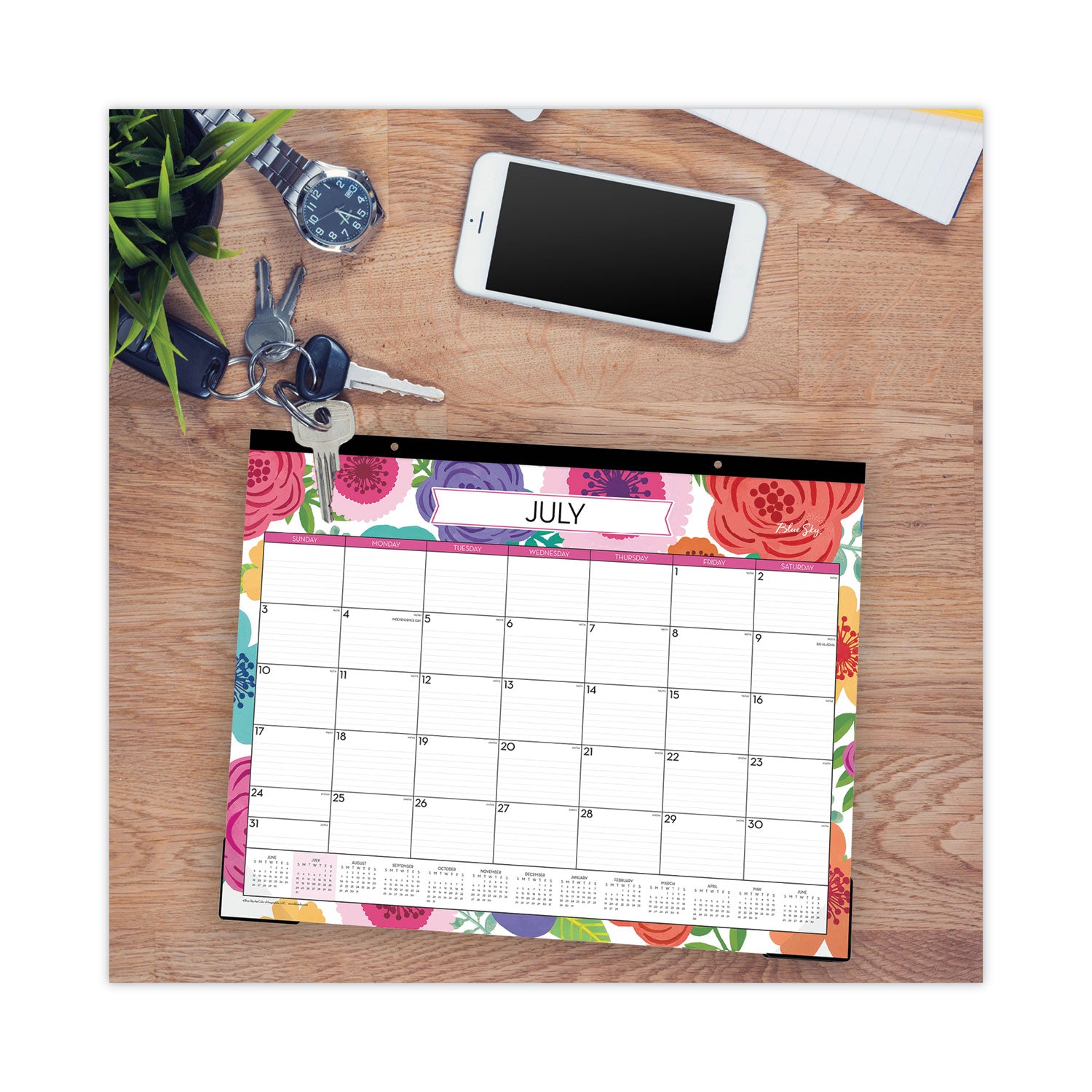 Blue Sky® Mahalo Academic Desk Pad, Floral Artwork, 22 x 17, Black Binding, Clear Corners, 12-Month (July to June): 2024 to 2025