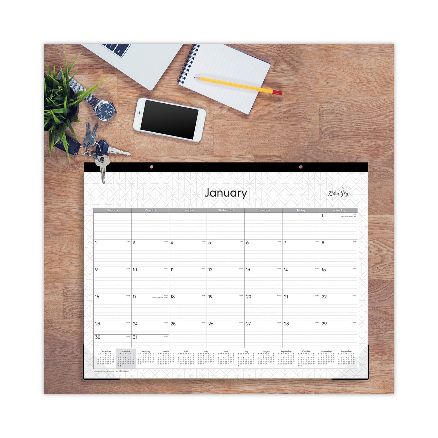 Blue Sky® Enterprise Desk Pad, Geometric Artwork, 22 x 17, White/Gray Sheets, Black Binding, Clear Corners, 12-Month (Jan to Dec): 2025