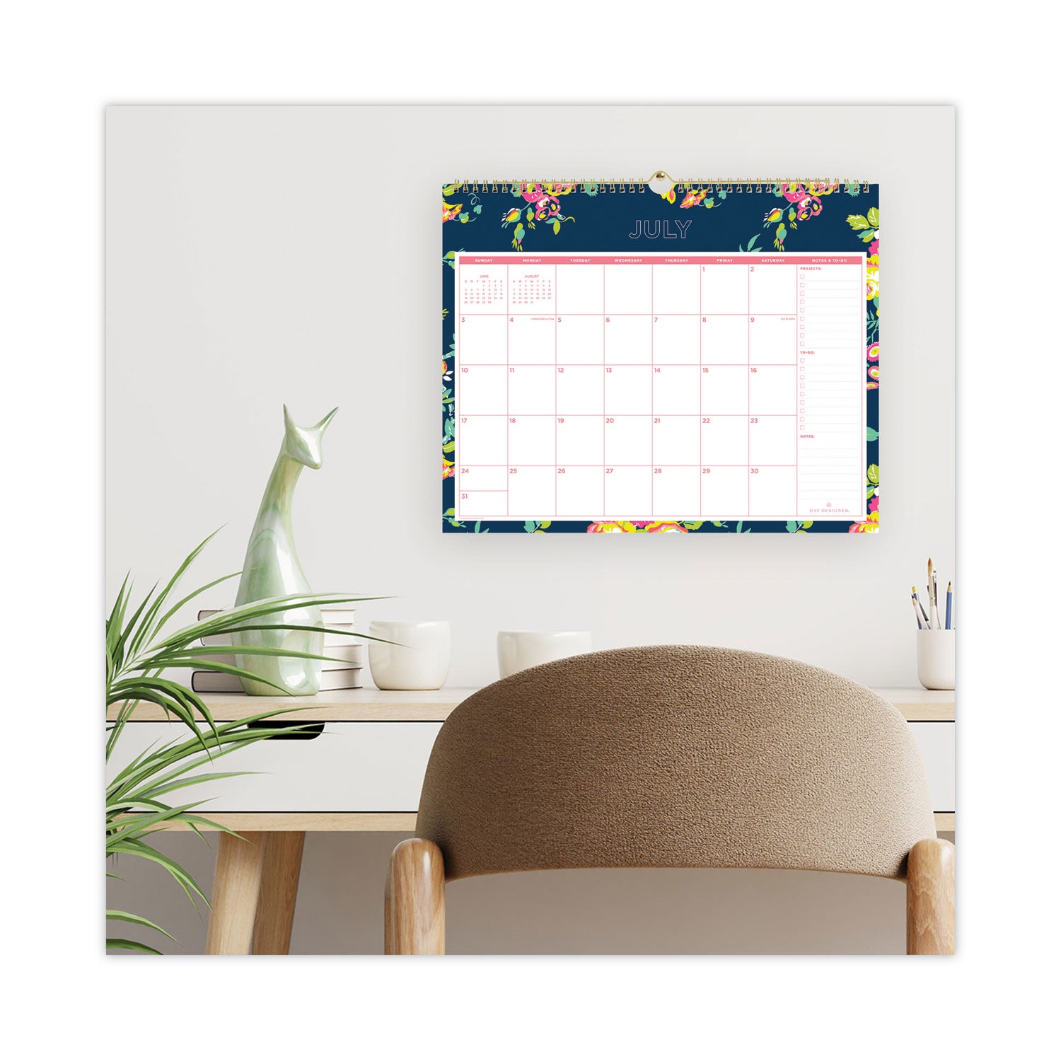 Blue Sky® Day Designer Peyton Academic Wall Calendar, Floral Artwork, 15 x 12, White/Navy Sheets, 12-Month (July to June): 2024 to 2025