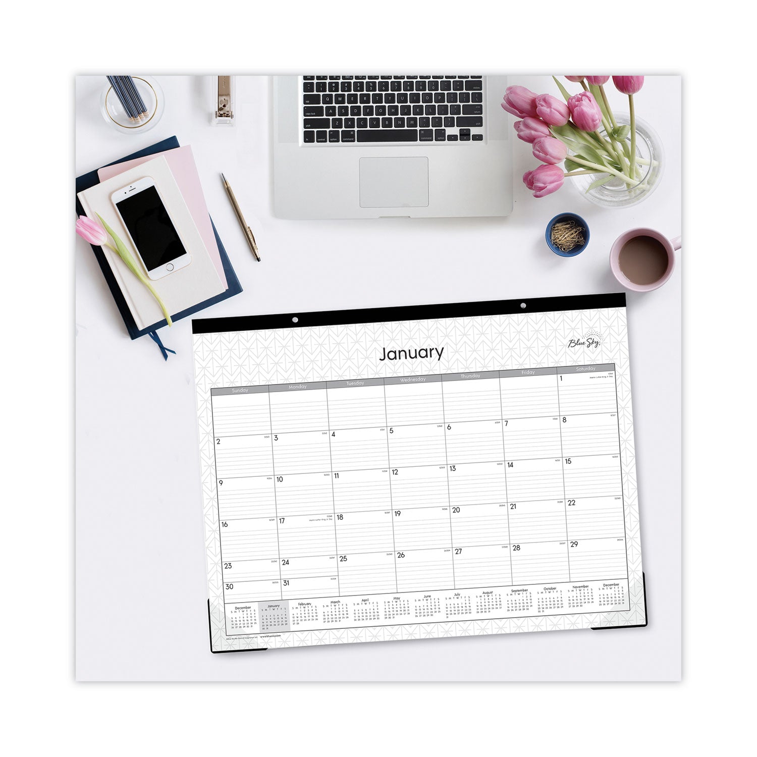 Blue Sky® Enterprise Desk Pad, Geometric Artwork, 22 x 17, White/Gray Sheets, Black Binding, Clear Corners, 12-Month (Jan to Dec): 2025