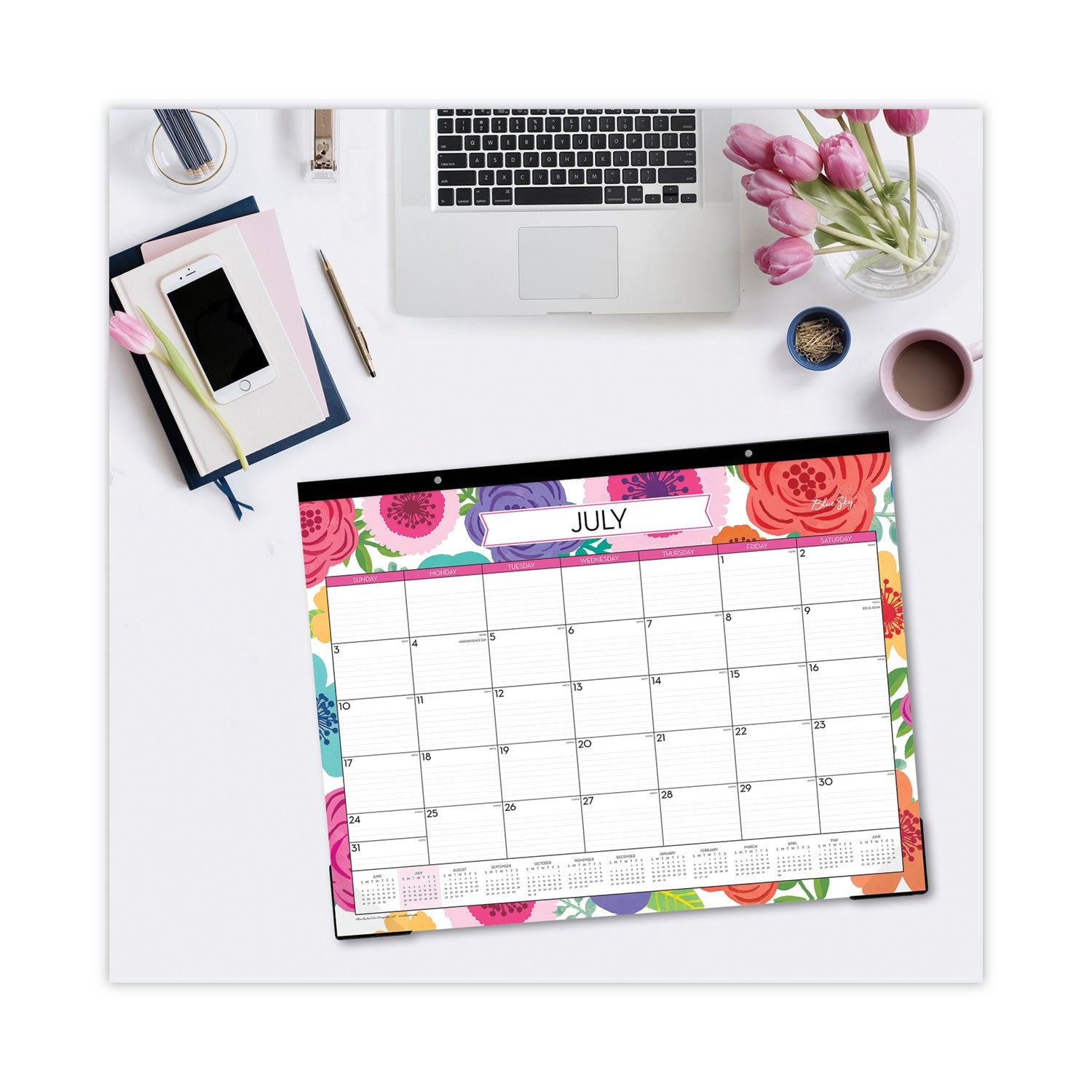 Blue Sky® Mahalo Academic Desk Pad, Floral Artwork, 22 x 17, Black Binding, Clear Corners, 12-Month (July to June): 2024 to 2025