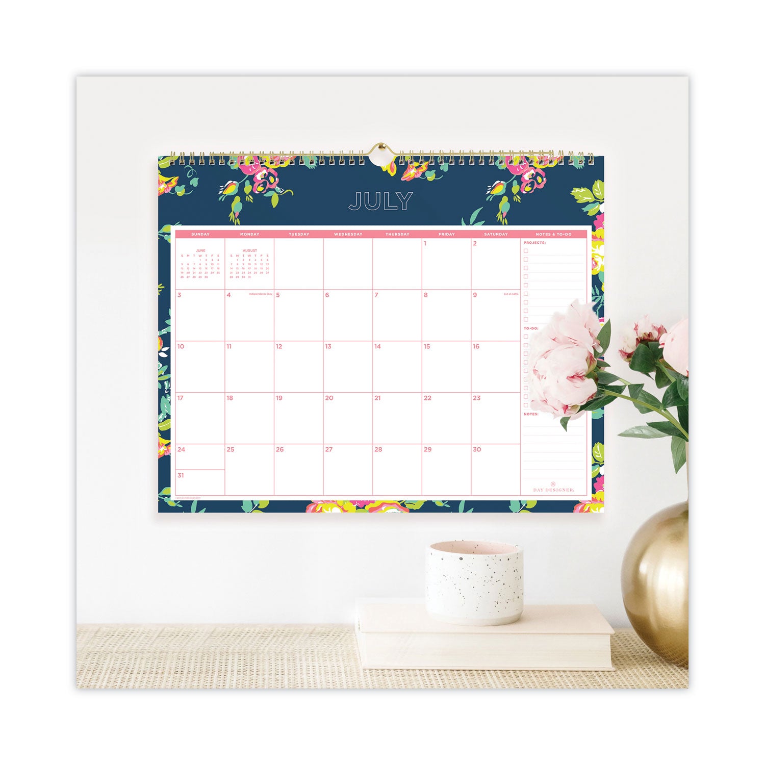 Blue Sky® Day Designer Peyton Academic Wall Calendar, Floral Artwork, 15 x 12, White/Navy Sheets, 12-Month (July to June): 2024 to 2025