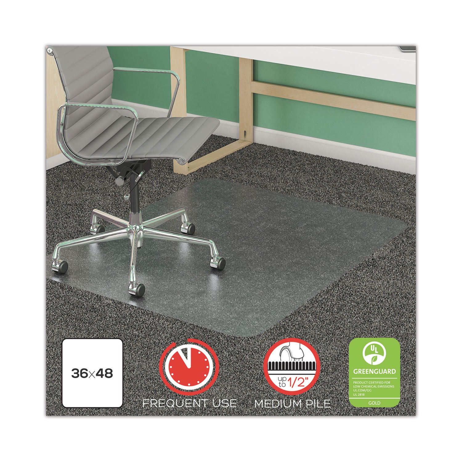 deflecto® SuperMat Frequent Use Chair Mat for Medium Pile Carpet, 36 x 48, Rectangular, Clear