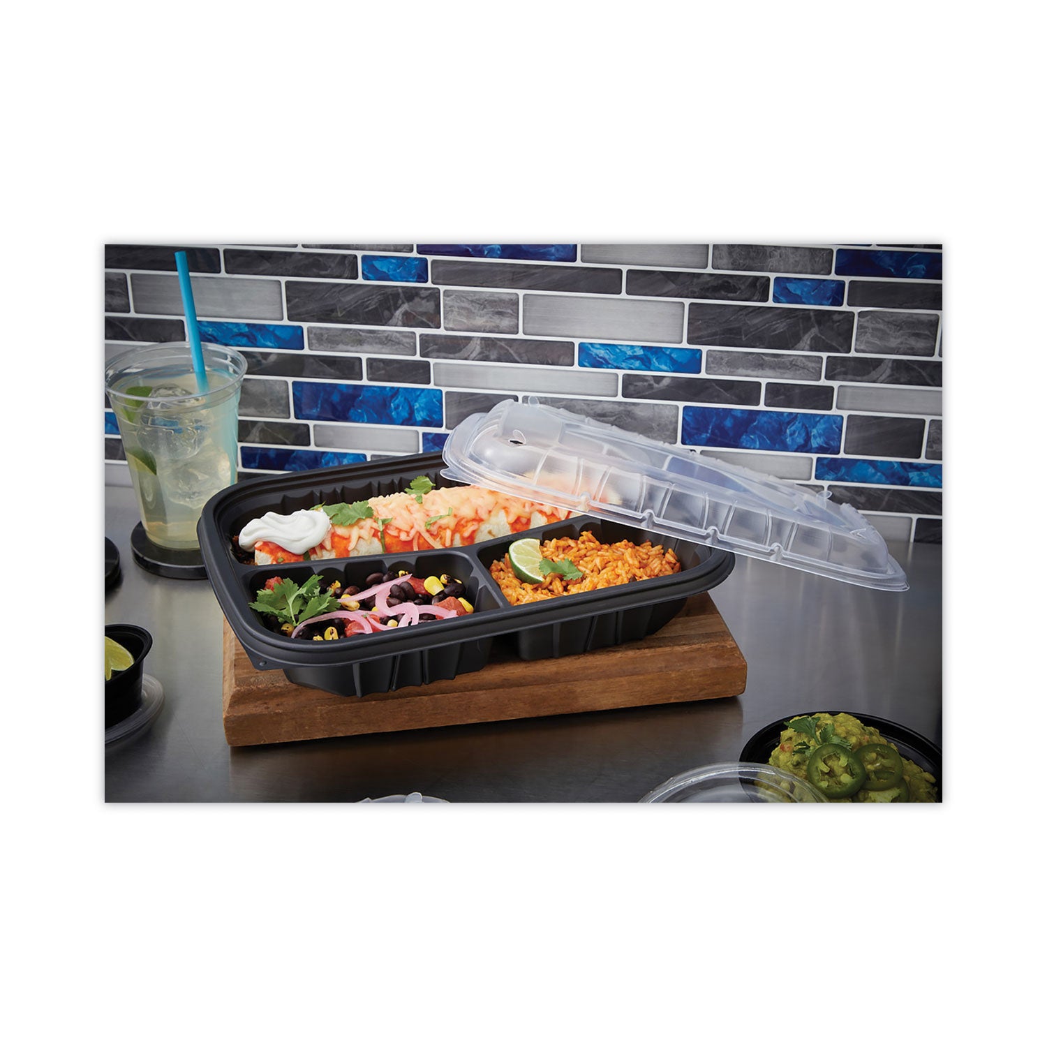 Pactiv Evergreen EarthChoice Entree2Go Takeout Container, 3-Compartment, 48 oz, 11.75 x 8.75 x 2.13, Black, Plastic, 200/Carton