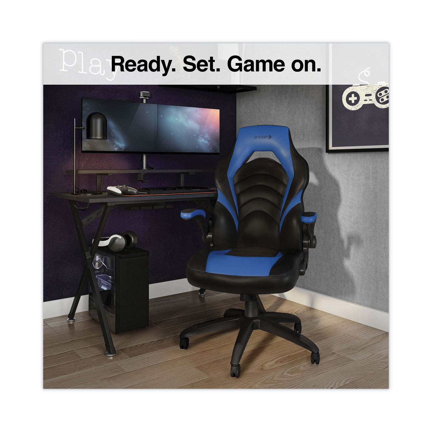 Vortex Bonded Leather Gaming Chair, Supports Up to 301 lbs, 17.9" to 21.6" Seat Height, Blue/Black, Black Base Emerge™ Flipcost