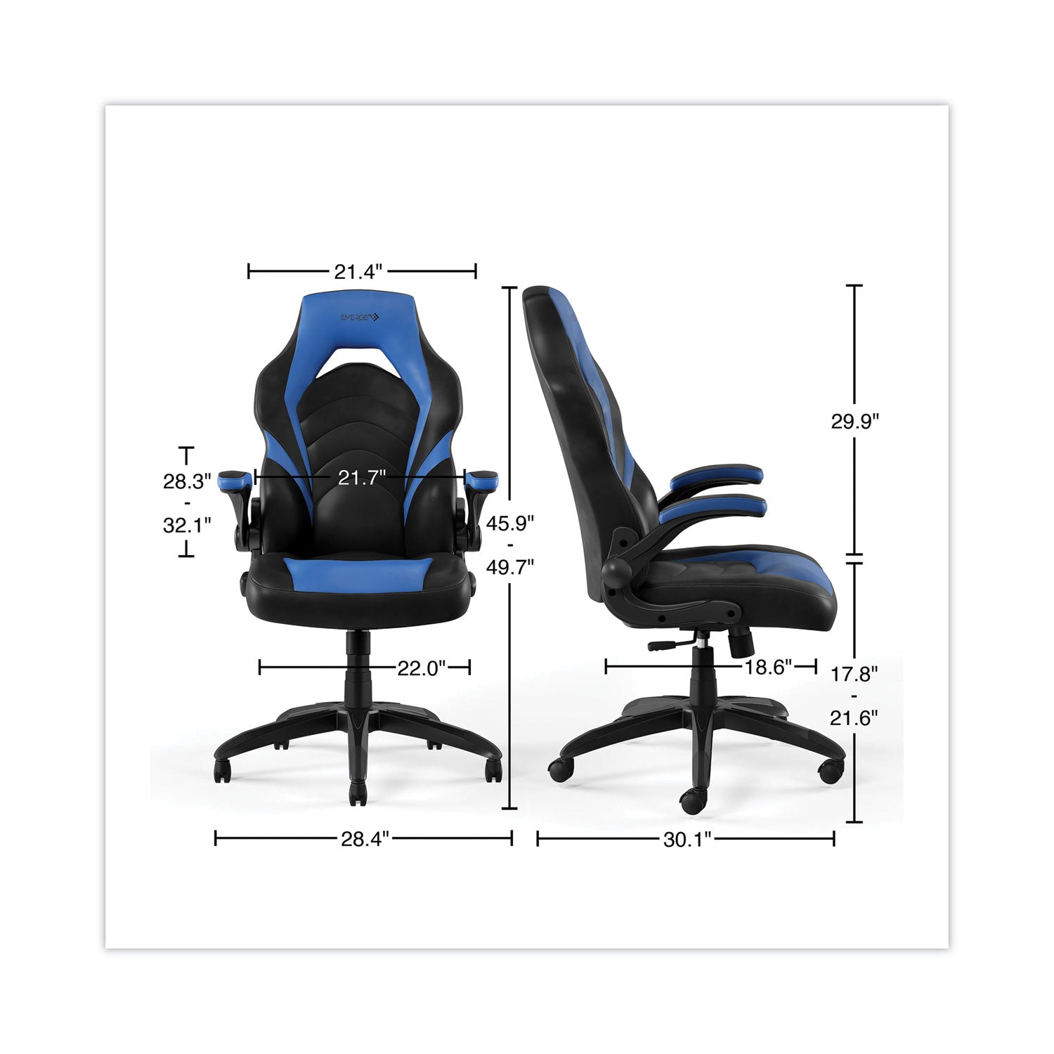 Vortex Bonded Leather Gaming Chair, Supports Up to 301 lbs, 17.9" to 21.6" Seat Height, Blue/Black, Black Base Emerge™ Flipcost