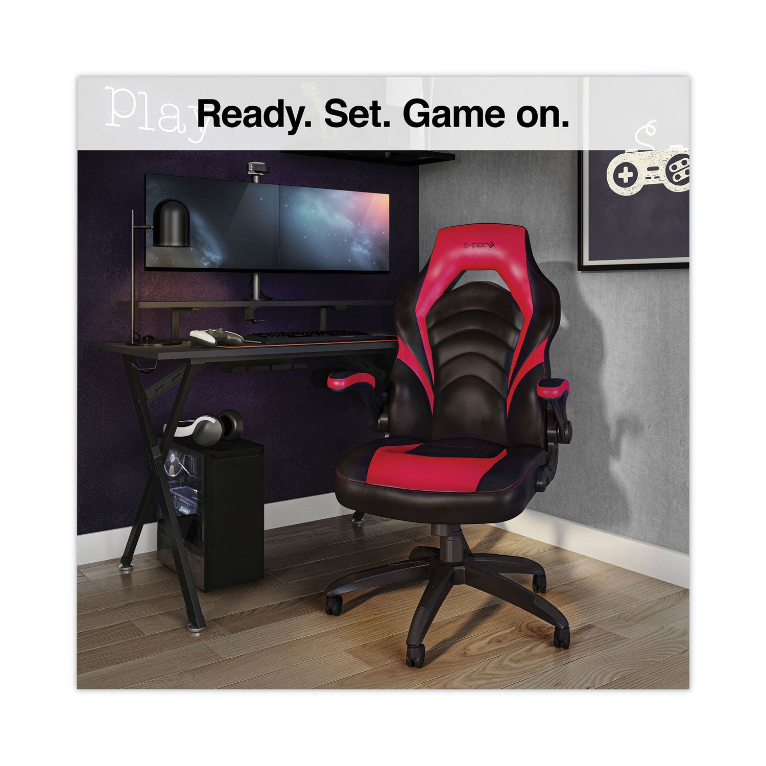 Vortex Bonded Leather Gaming Chair, Supports Up to 301 lbs, 17.9" to 21.6" Seat Height, Red/Black Back, Black Base Emerge™ Flipcost