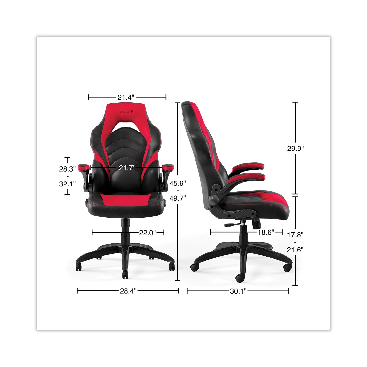 Vortex Bonded Leather Gaming Chair, Supports Up to 301 lbs, 17.9" to 21.6" Seat Height, Red/Black Back, Black Base Emerge™ Flipcost