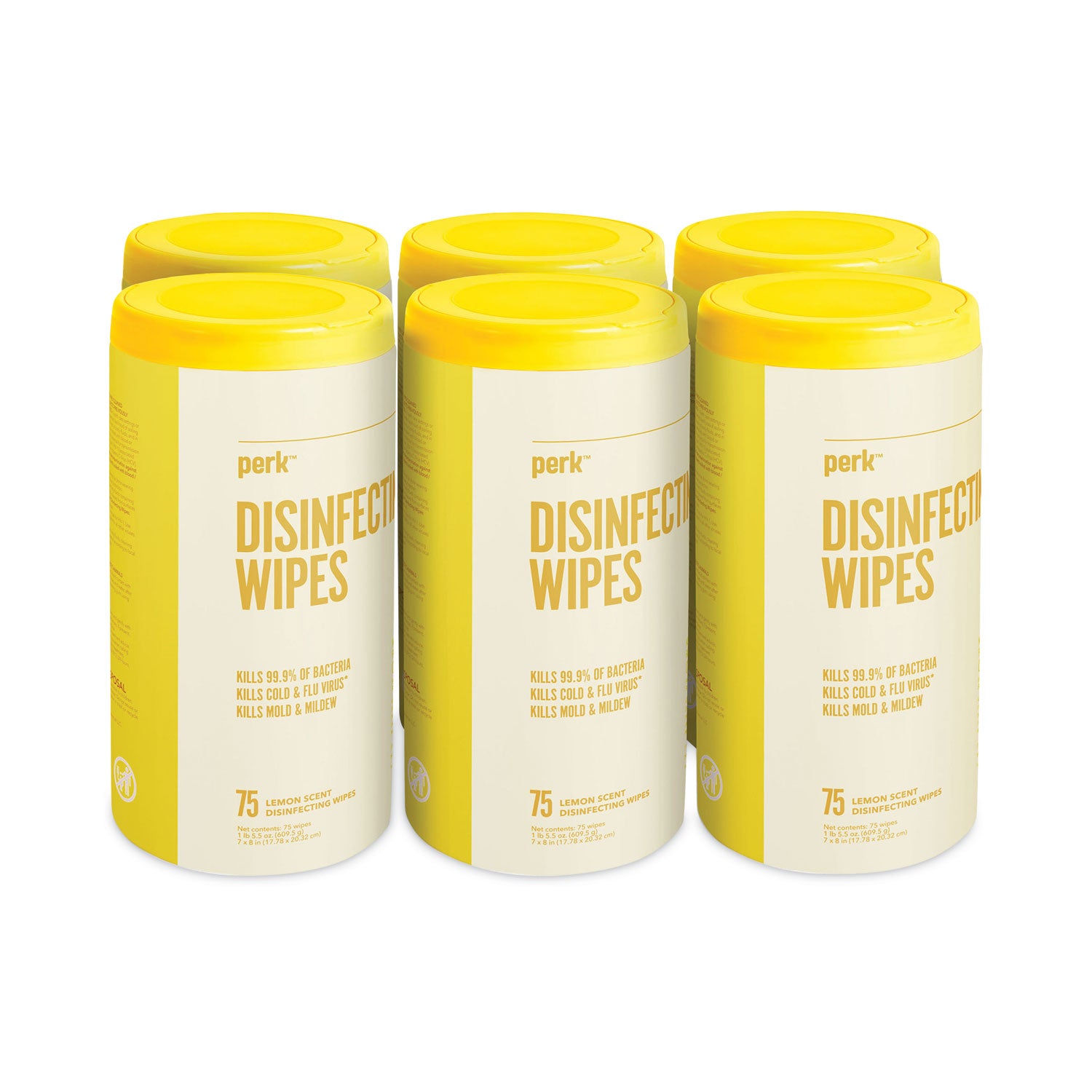 Perk™ Disinfecting Wipes, 7 x 8, Lemon, White, 75 Wipes/Canister, 6 Canisters/Carton