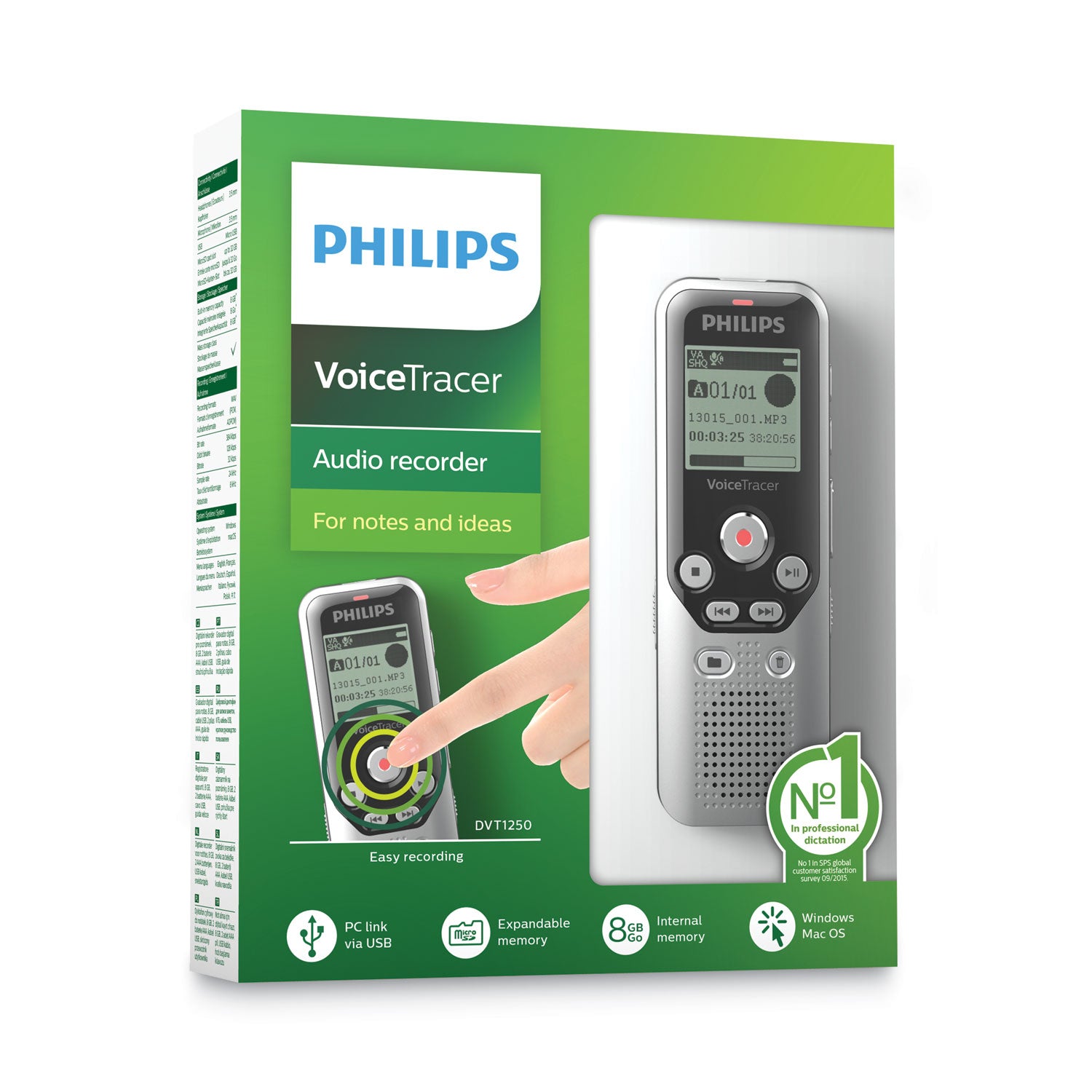 Philips® Voice Tracer DVT1250 Audio Recorder, 8 GB, Black/Silver