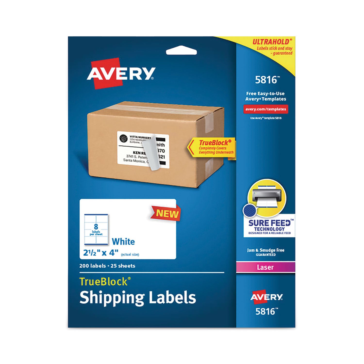 Shipping Labels with TrueBlock Technology, Laser Printers, 2.5 x 4, White, 8/Sheet, 25 Sheets/Pack