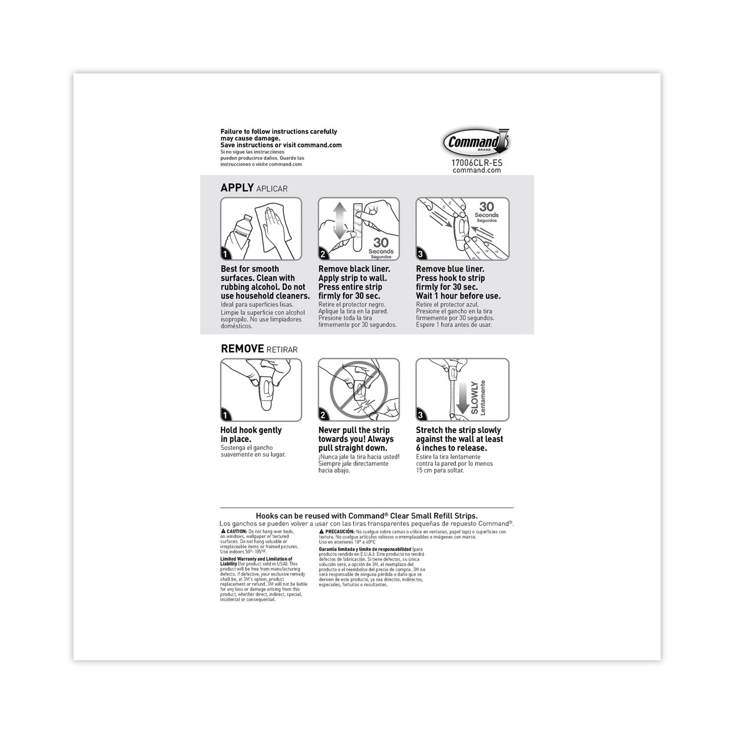 Command™ Mini Hooks, Small, Plastic, Clear, 0.5 lb Capacity,  30 Hooks and 32 Strips/Pack