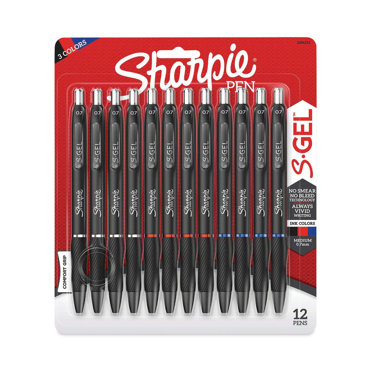 S-Gel High-Performance Gel Pen, Retractable, Medium 0.7 mm, Assorted Ink Colors, Black Barrel, Dozen