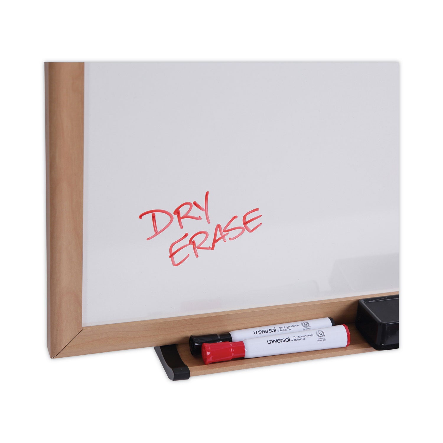 Universal® Deluxe Melamine Dry Erase Board, 36 x 24, Melamine White Surface, Oak Fiberboard Frame