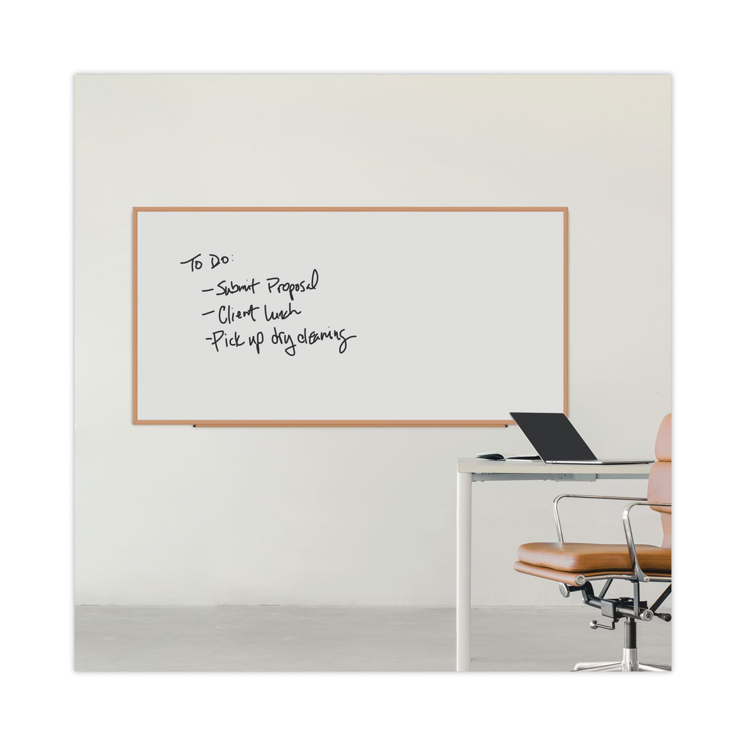 Universal® Deluxe Melamine Dry Erase Board, 96 x 48, Melamine White Surface, Oak Fiberboard Frame