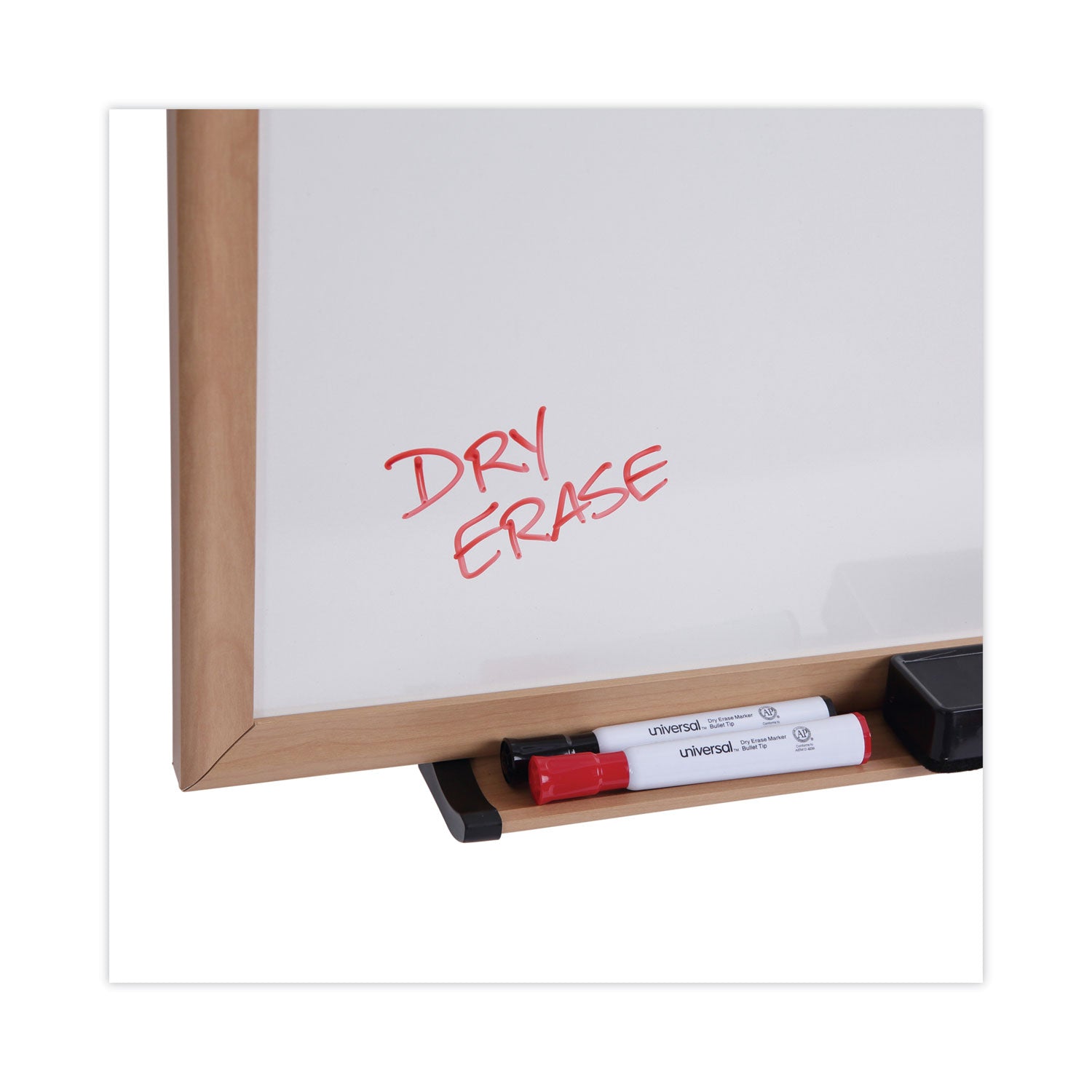 Universal® Deluxe Melamine Dry Erase Board, 96 x 48, Melamine White Surface, Oak Fiberboard Frame