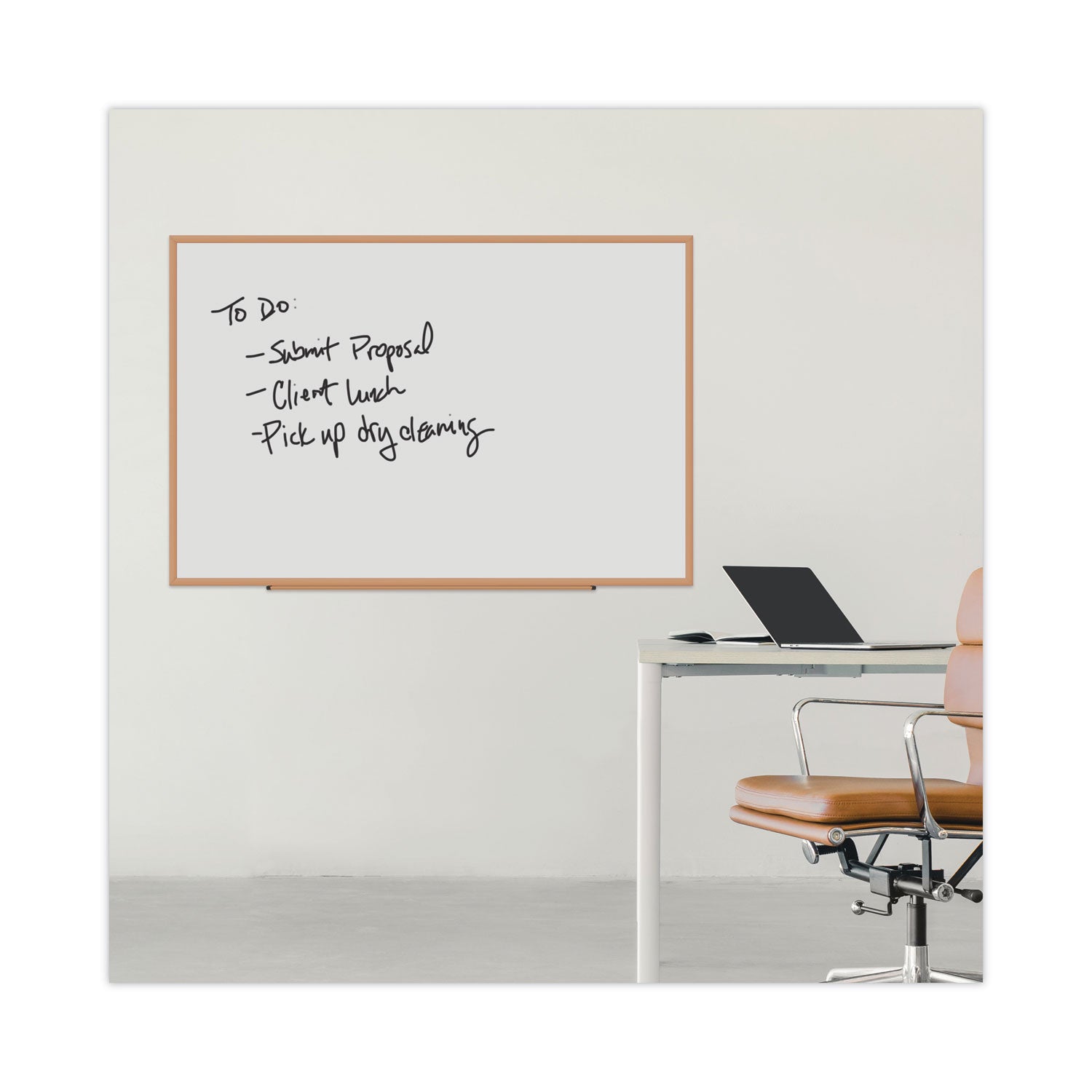 Universal® Deluxe Melamine Dry Erase Board, 72 x 48, Melamine White Surface, Oak Fiberboard Frame