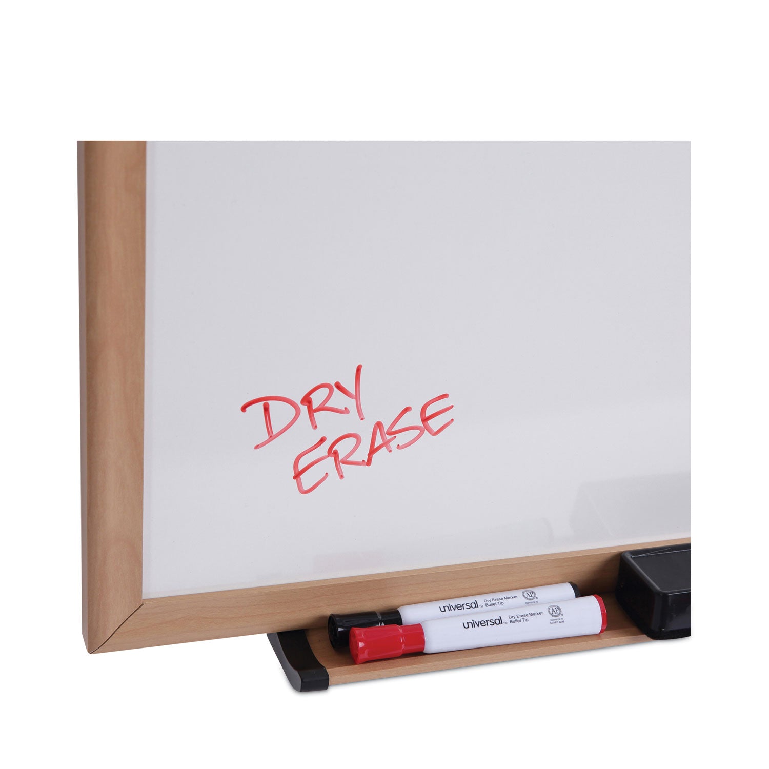 Universal® Deluxe Melamine Dry Erase Board, 72 x 48, Melamine White Surface, Oak Fiberboard Frame