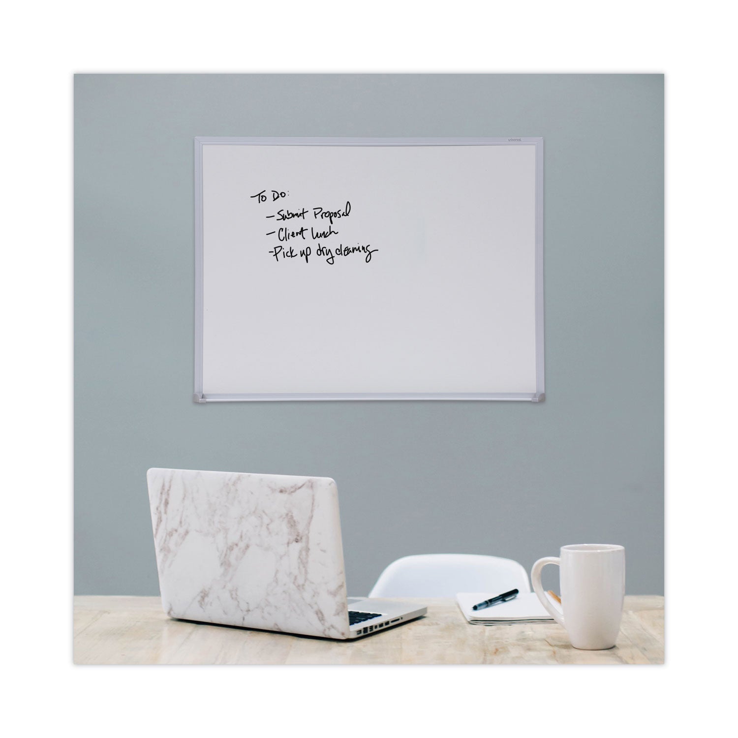 Universal® Melamine Dry Erase Board with Aluminum Frame, 24 x 18, White Surface, Anodized Aluminum Frame