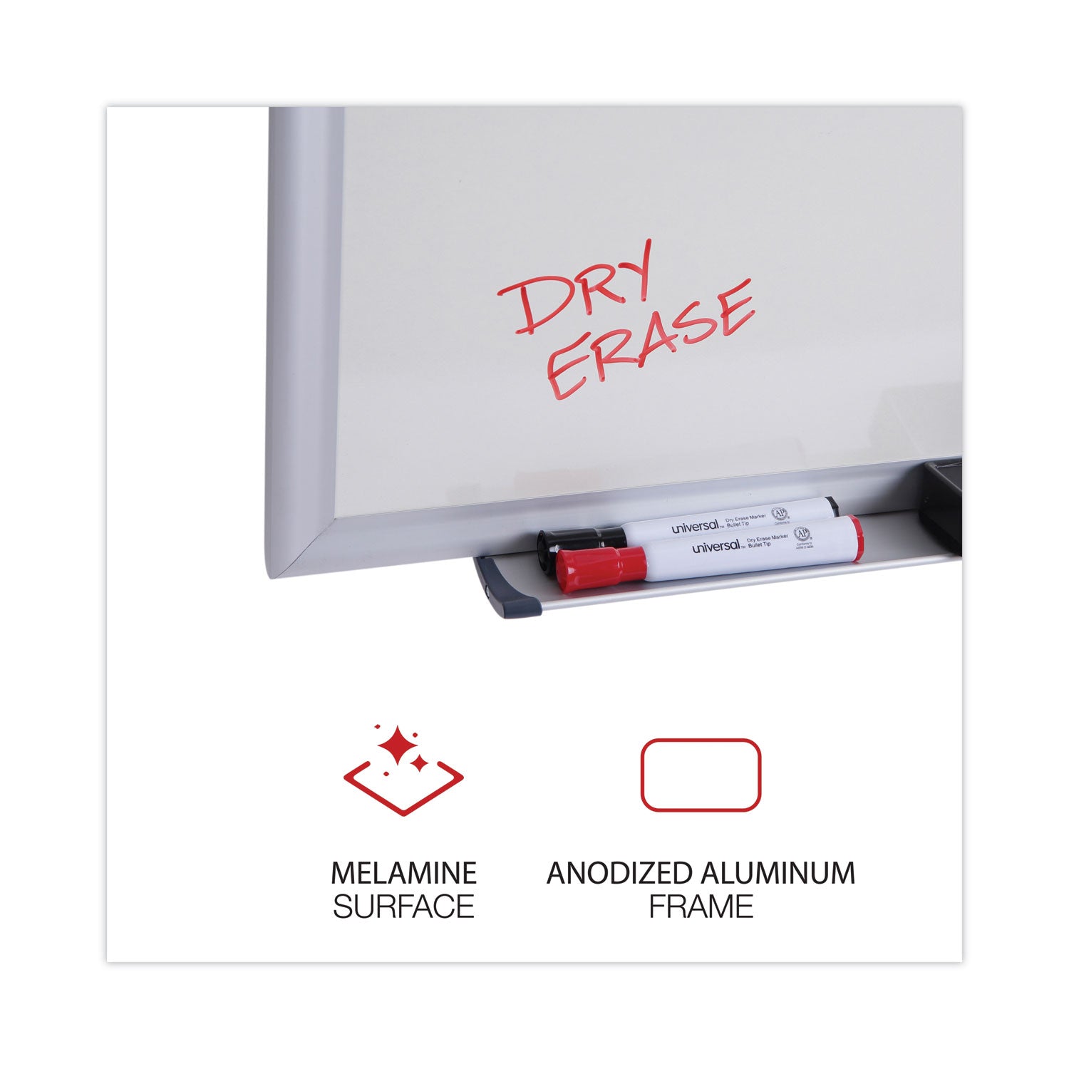 Universal® Deluxe Melamine Dry Erase Board, 60 x 36, Melamine White Surface, Silver Anodized Aluminum Frame