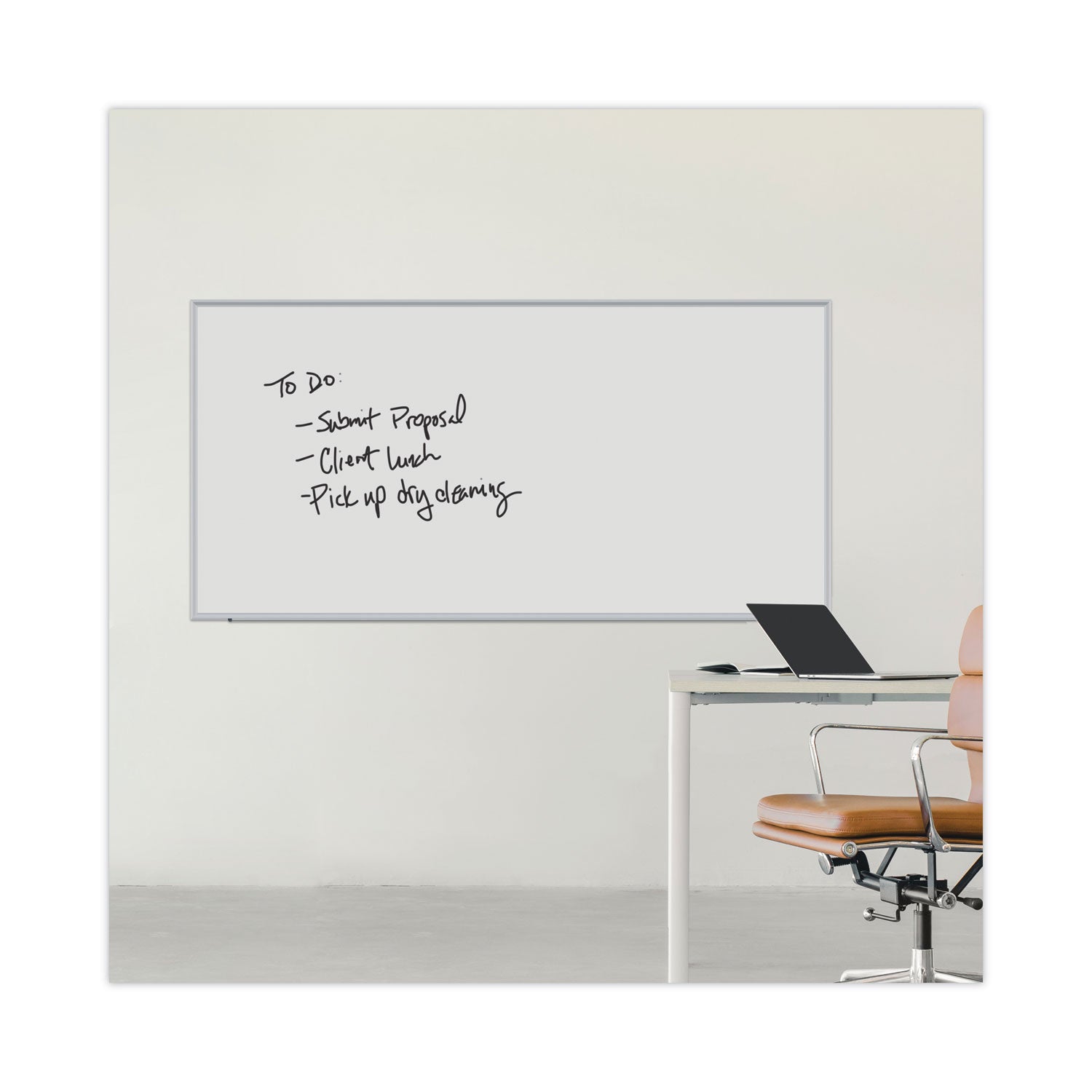 Universal® Deluxe Melamine Dry Erase Board, 96 x 48, Melamine White Surface, Silver Anodized Aluminum Frame