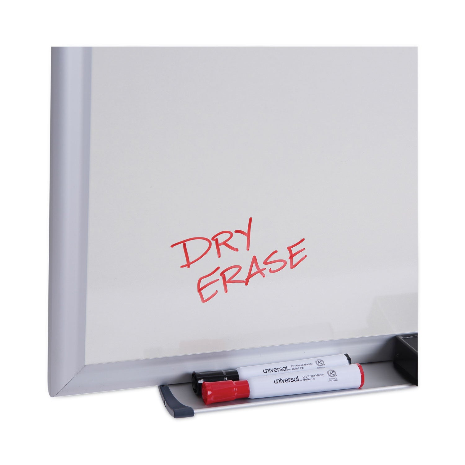 Universal® Deluxe Melamine Dry Erase Board, 96 x 48, Melamine White Surface, Silver Anodized Aluminum Frame