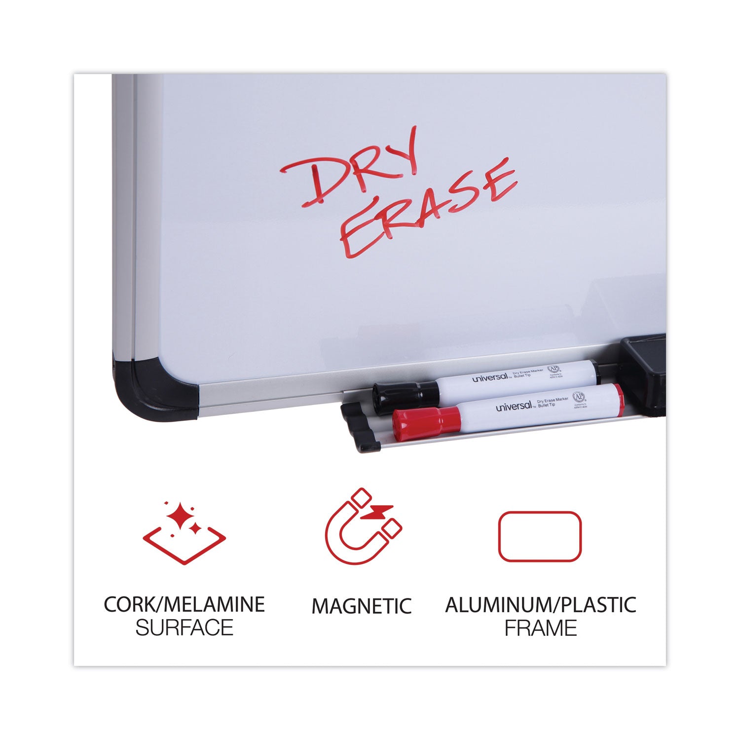 Universal® Cork/Dry Erase Board, Melamine, 24 x 18, Tan/White Surface, Gray/Black Aluminum/Plastic Frame