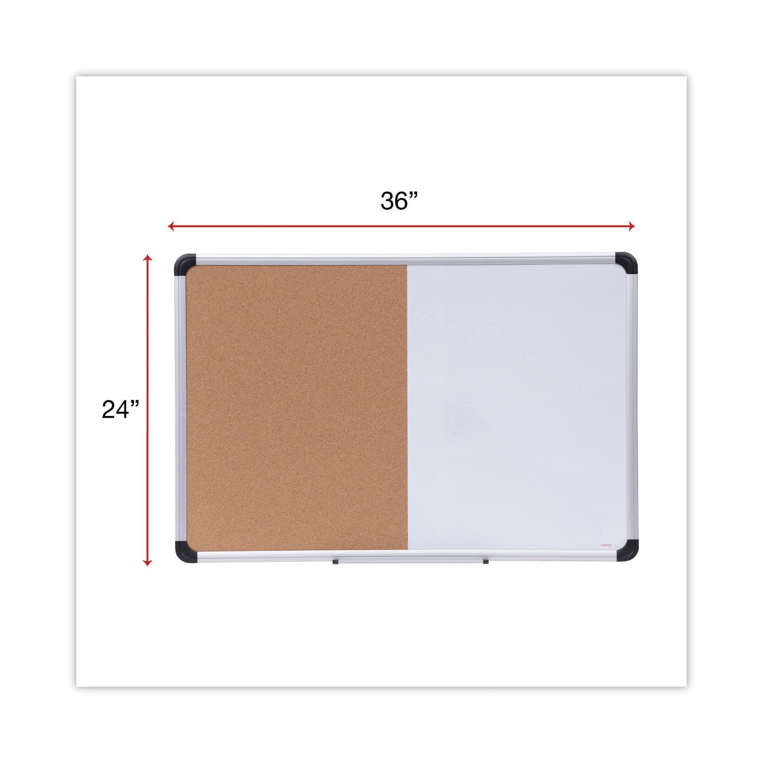 Universal® Cork/Dry Erase Board, Melamine, 36 x 24, Tan/White Surface, Gray/Black Aluminum/Plastic Frame