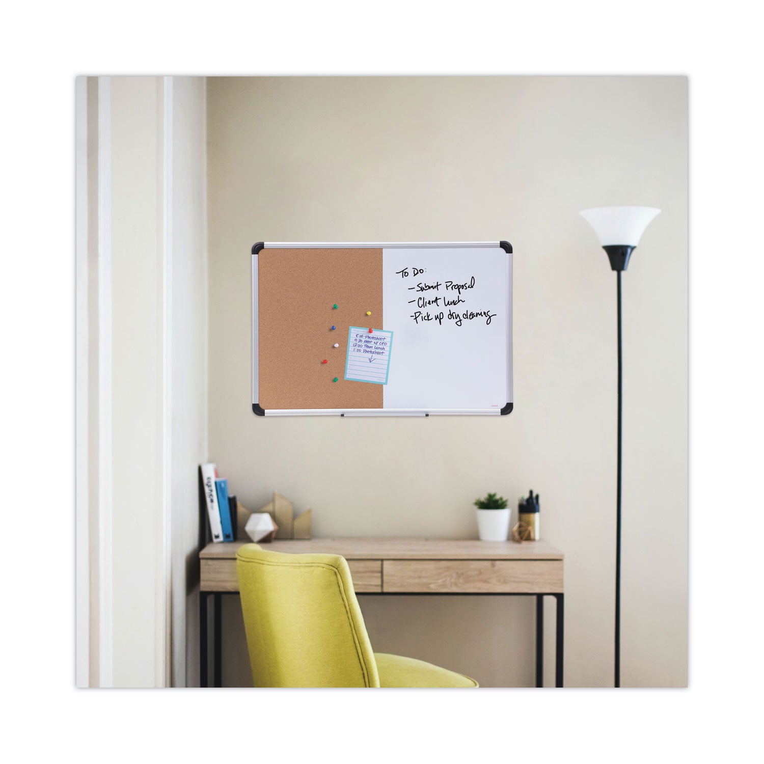 Universal® Cork/Dry Erase Board, Melamine, 36 x 24, Tan/White Surface, Gray/Black Aluminum/Plastic Frame