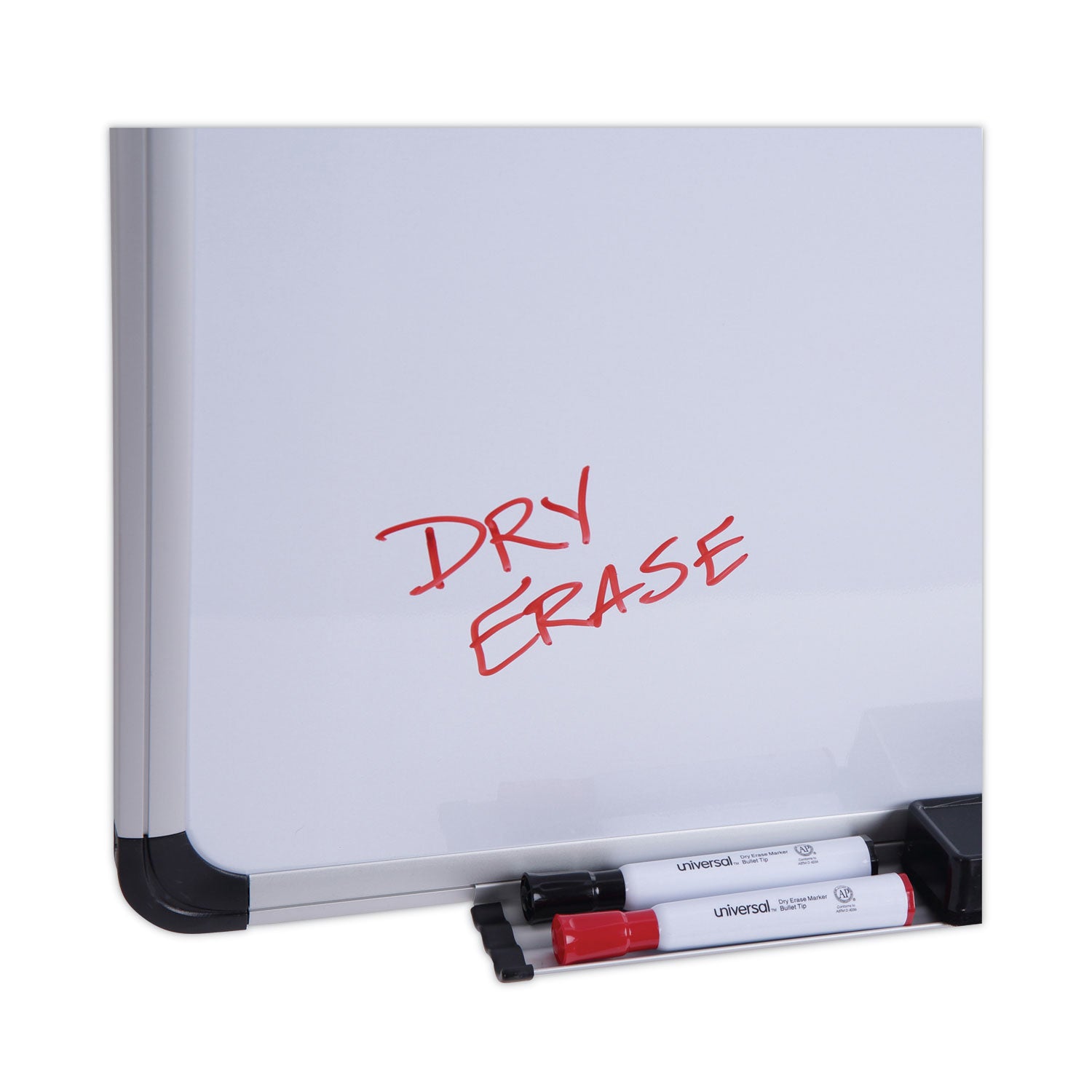 Universal® Deluxe Porcelain Magnetic Dry Erase Board, 36 x 24, White Surface, Silver/Black Aluminum Frame