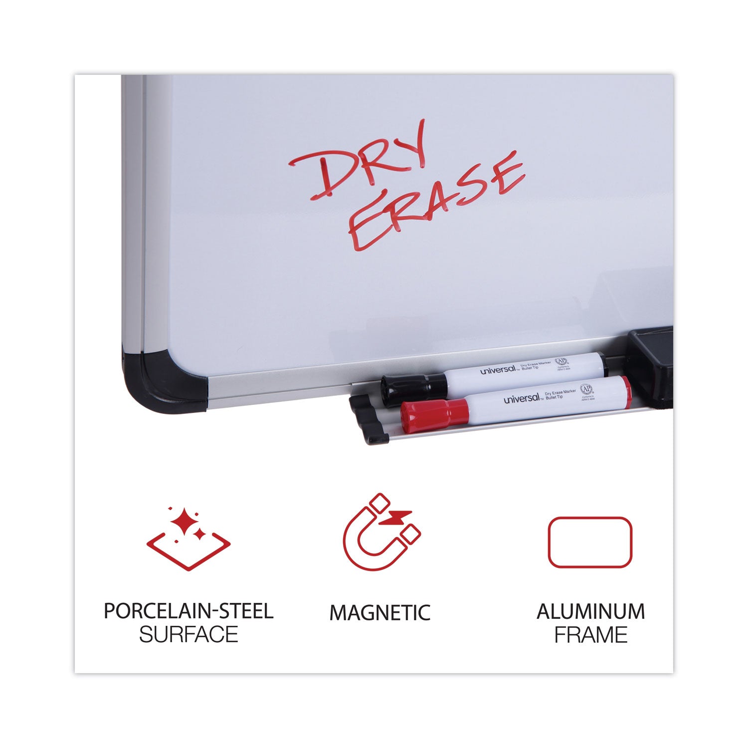 Universal® Deluxe Porcelain Magnetic Dry Erase Board, 48 x 36, White Surface, Silver/Black Aluminum Frame