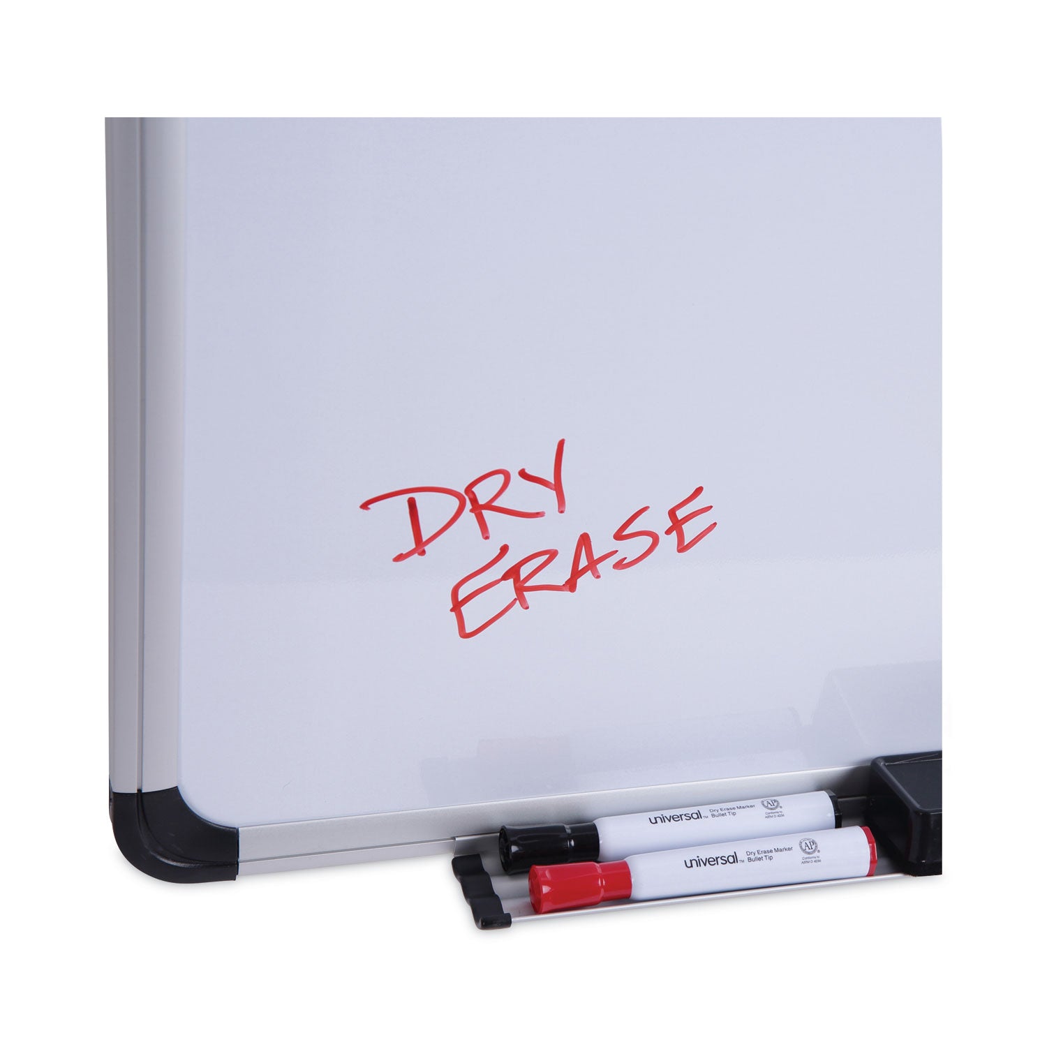 Universal® Deluxe Porcelain Magnetic Dry Erase Board, 48 x 36, White Surface, Silver/Black Aluminum Frame