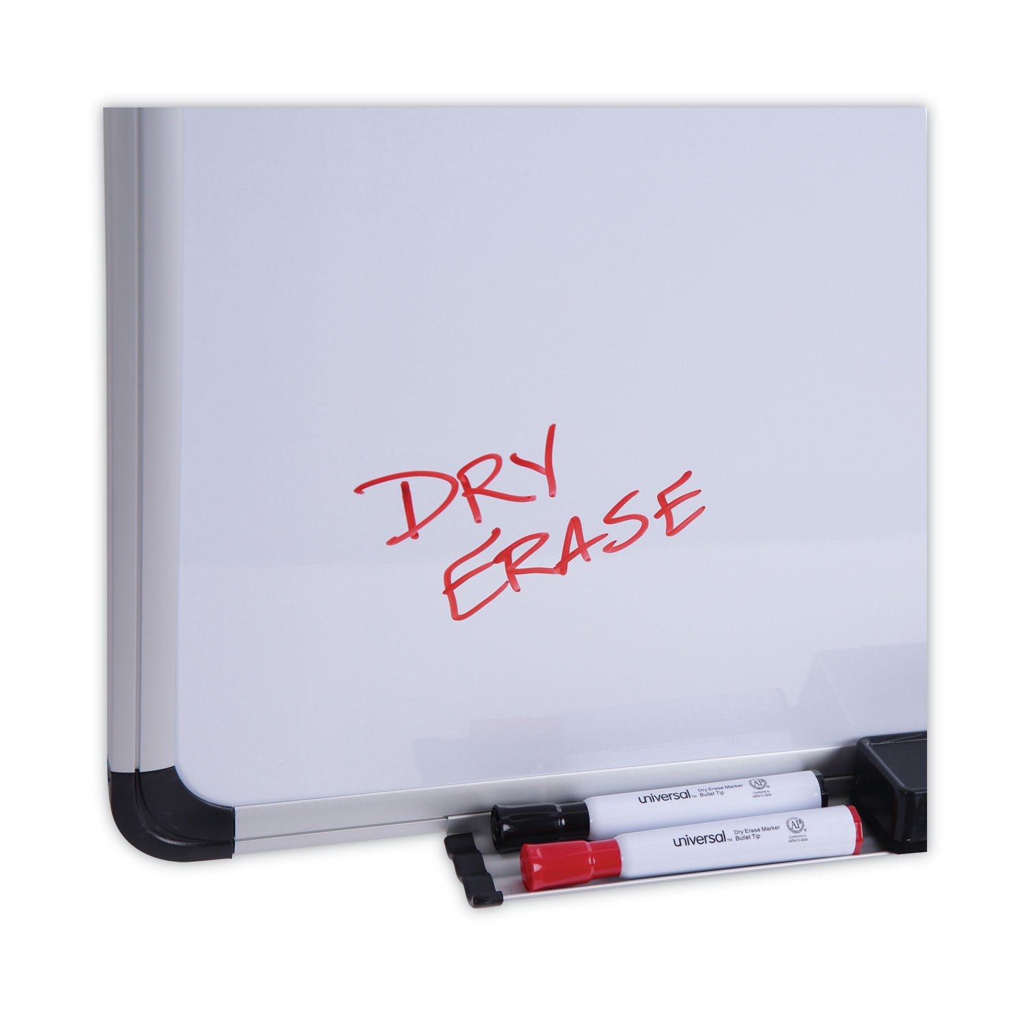 Universal® Deluxe Porcelain Magnetic Dry Erase Board, 72 x 48, White Surface, Silver/Black Aluminum Frame